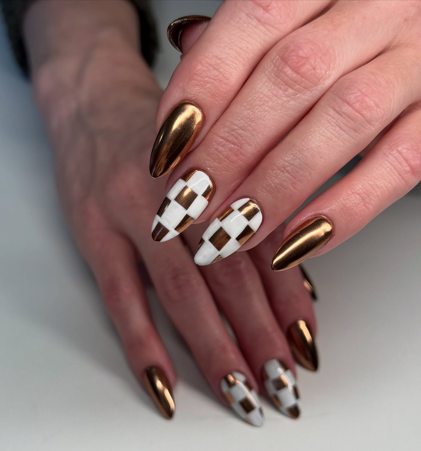 Metallic Copper Chessboard Stiletto Nails