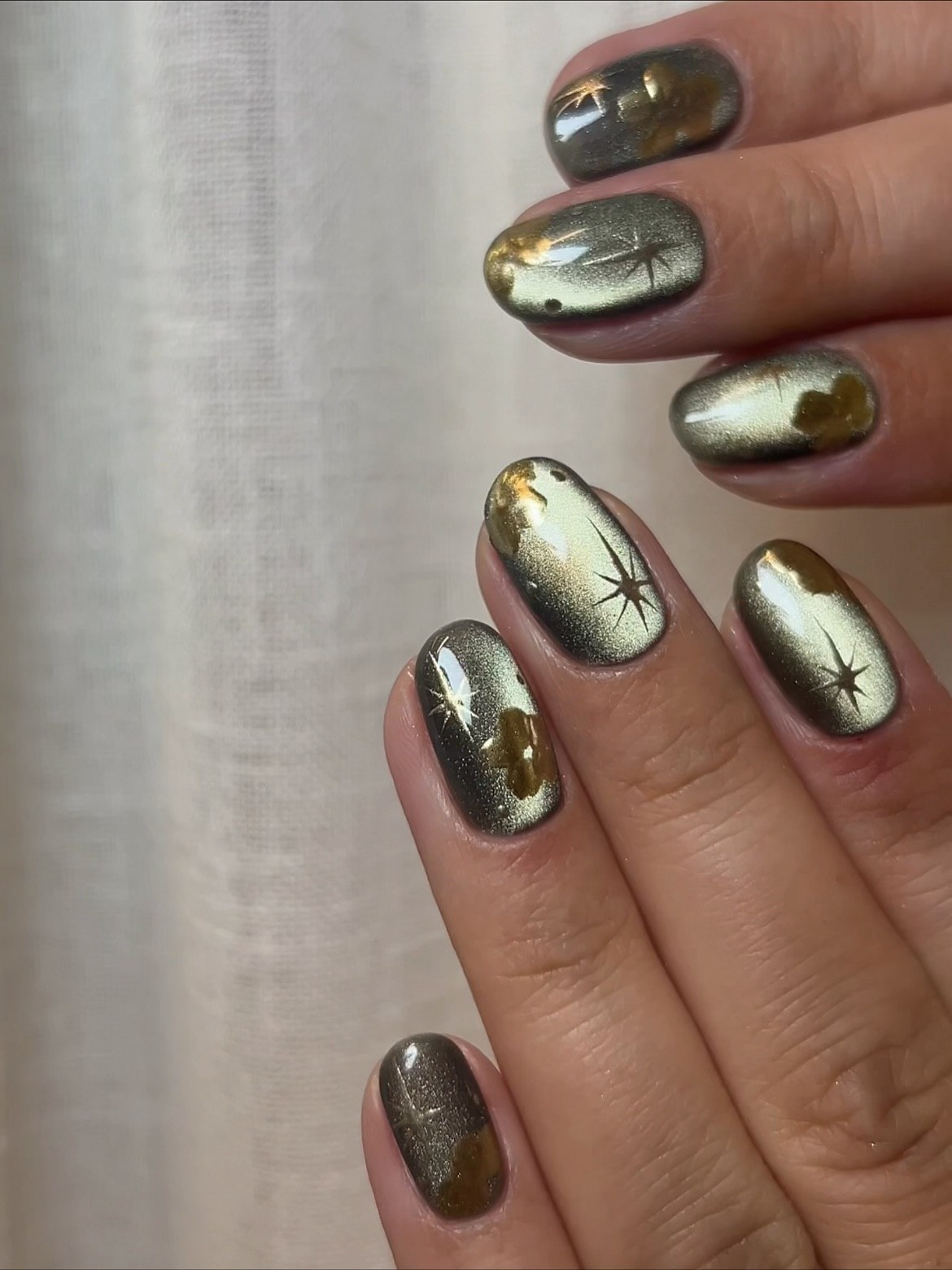 Metallic Olive Cat Eye with Gold Accents