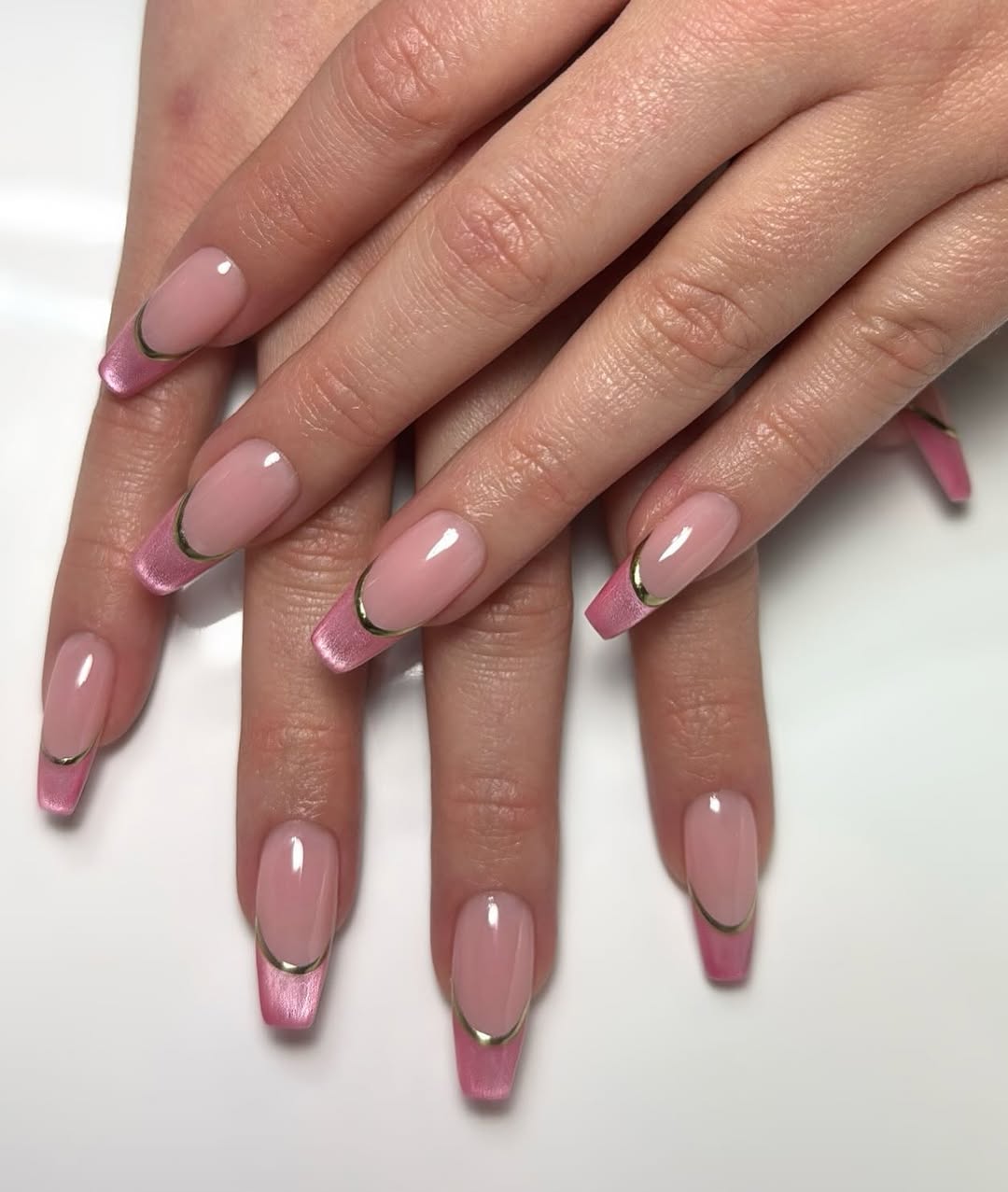 Metallic Pink French Tip Coffin Nails