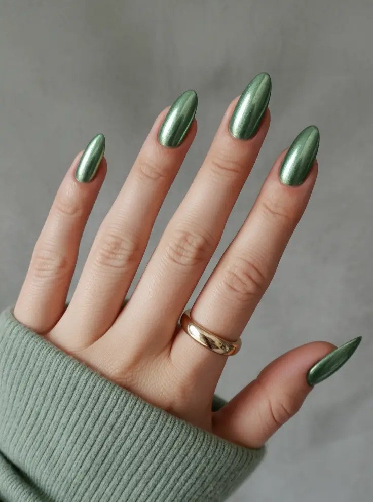 Metallic Sage Green Chrome Almond Nails