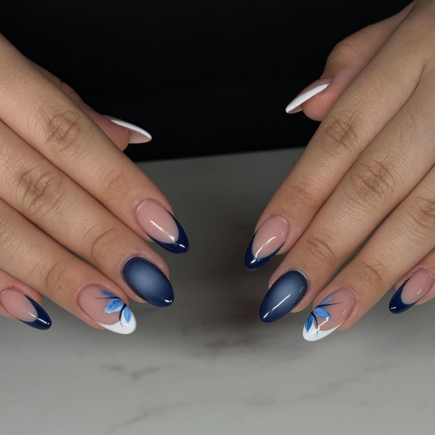 Midnight Blue French Tips With Floral Accents