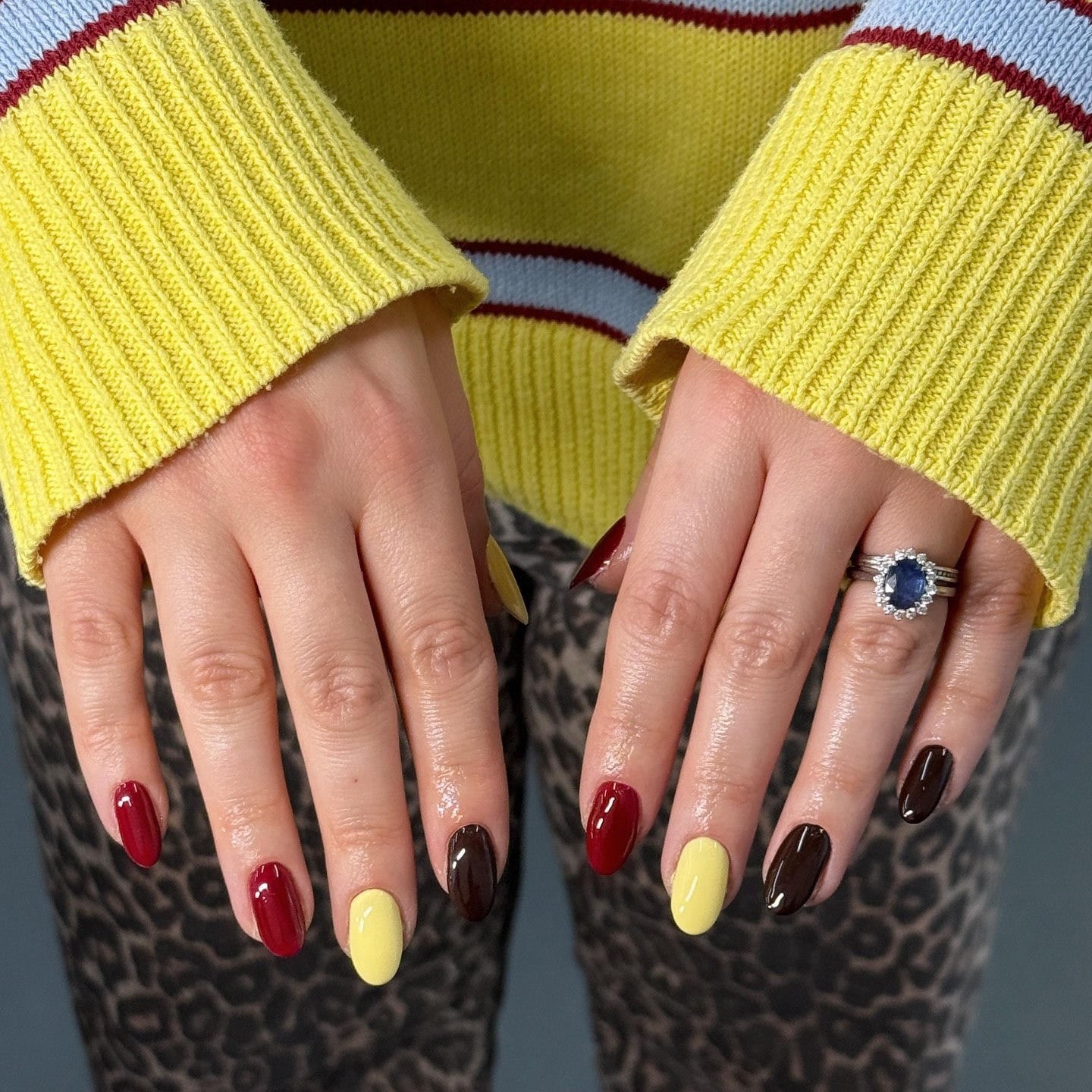 Mismatched Cherry Red and Chocolate Oval Nails