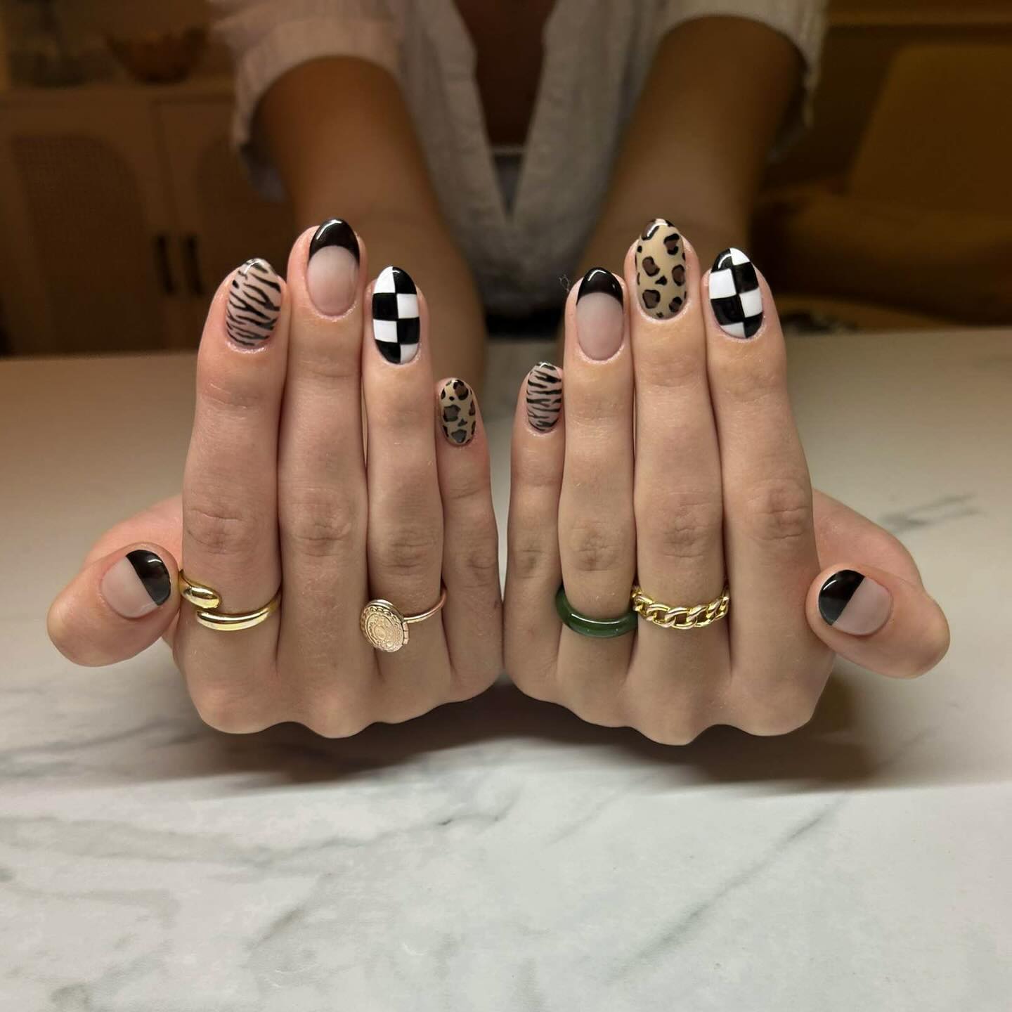 Mixed Animal Print & Checkerboard French Tips