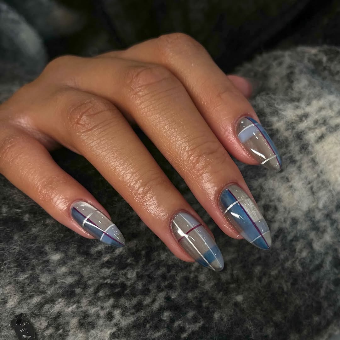 Modern Plaid Almond Nails with Silver Accents