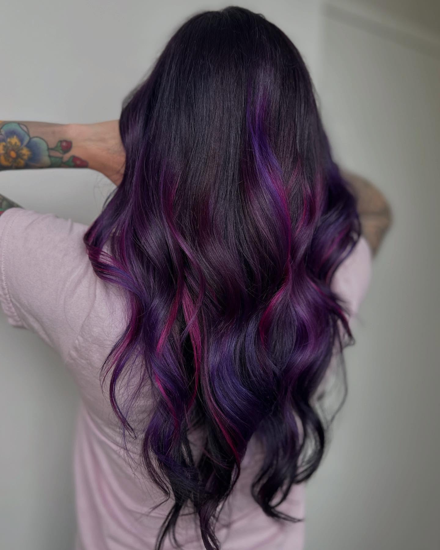 Mystic Purple Peekaboo Highlights On Dark Hair