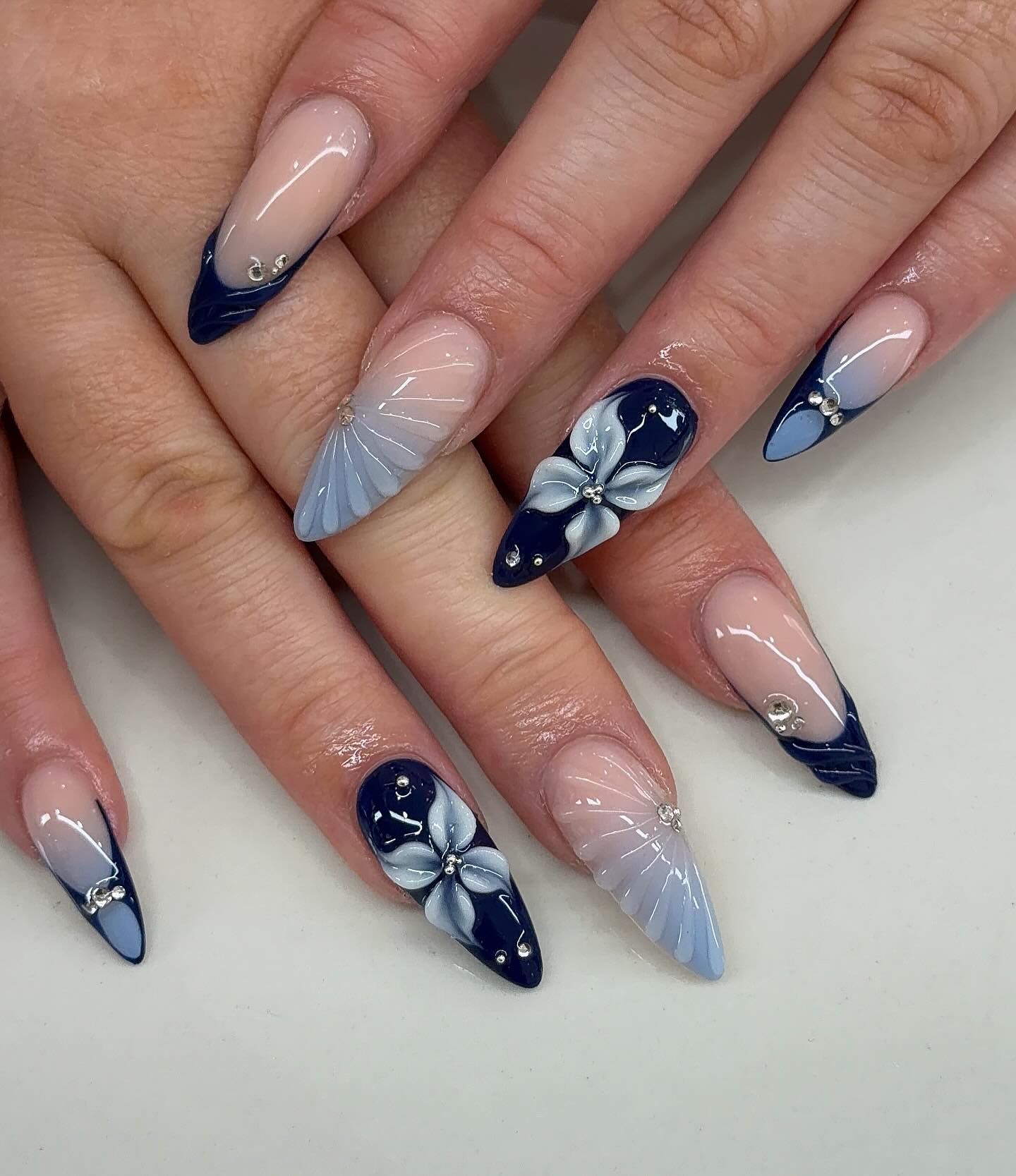 Navy Blue Floral Almond Stiletto French Tips