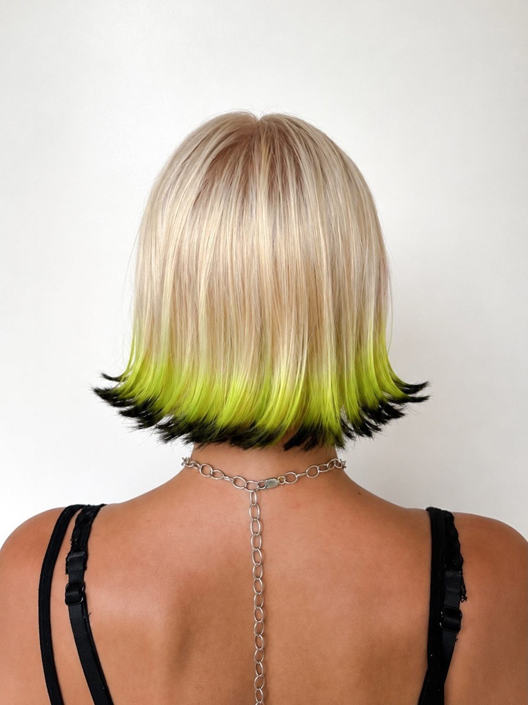 Neon Lime Dip Dye Blunt Bob With Black Ends