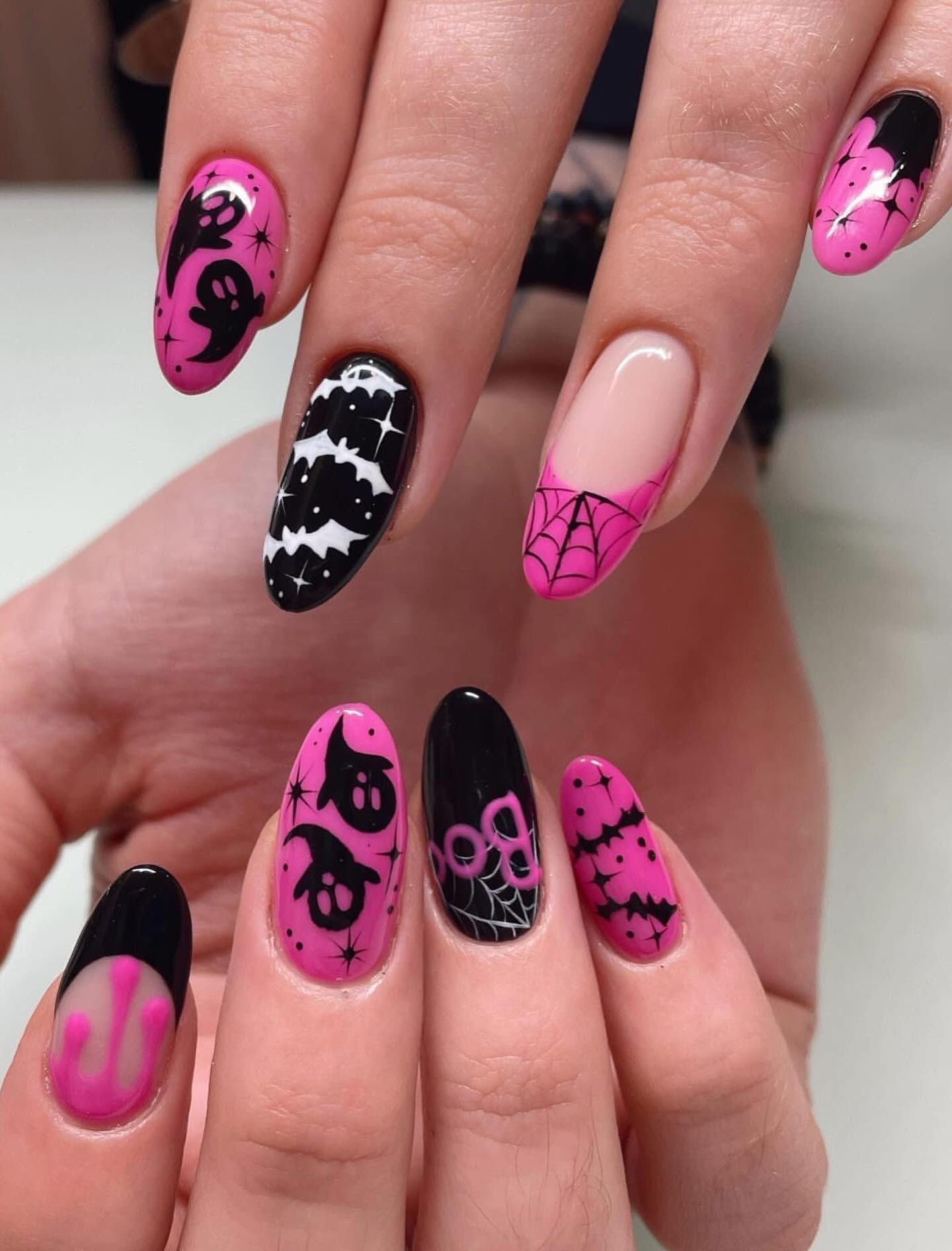 Neon Pink Halloween Ghost and Bat Nails