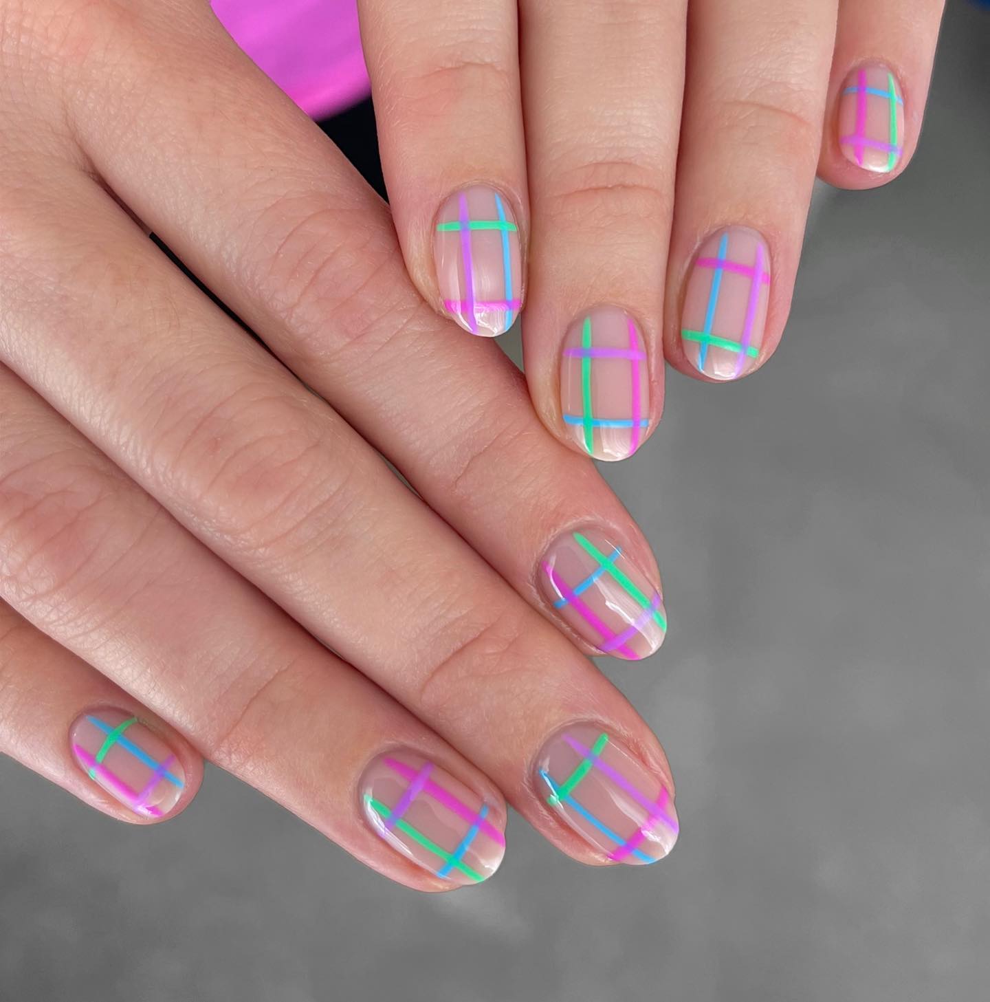 Neon Plaid Translucent Oval Nails