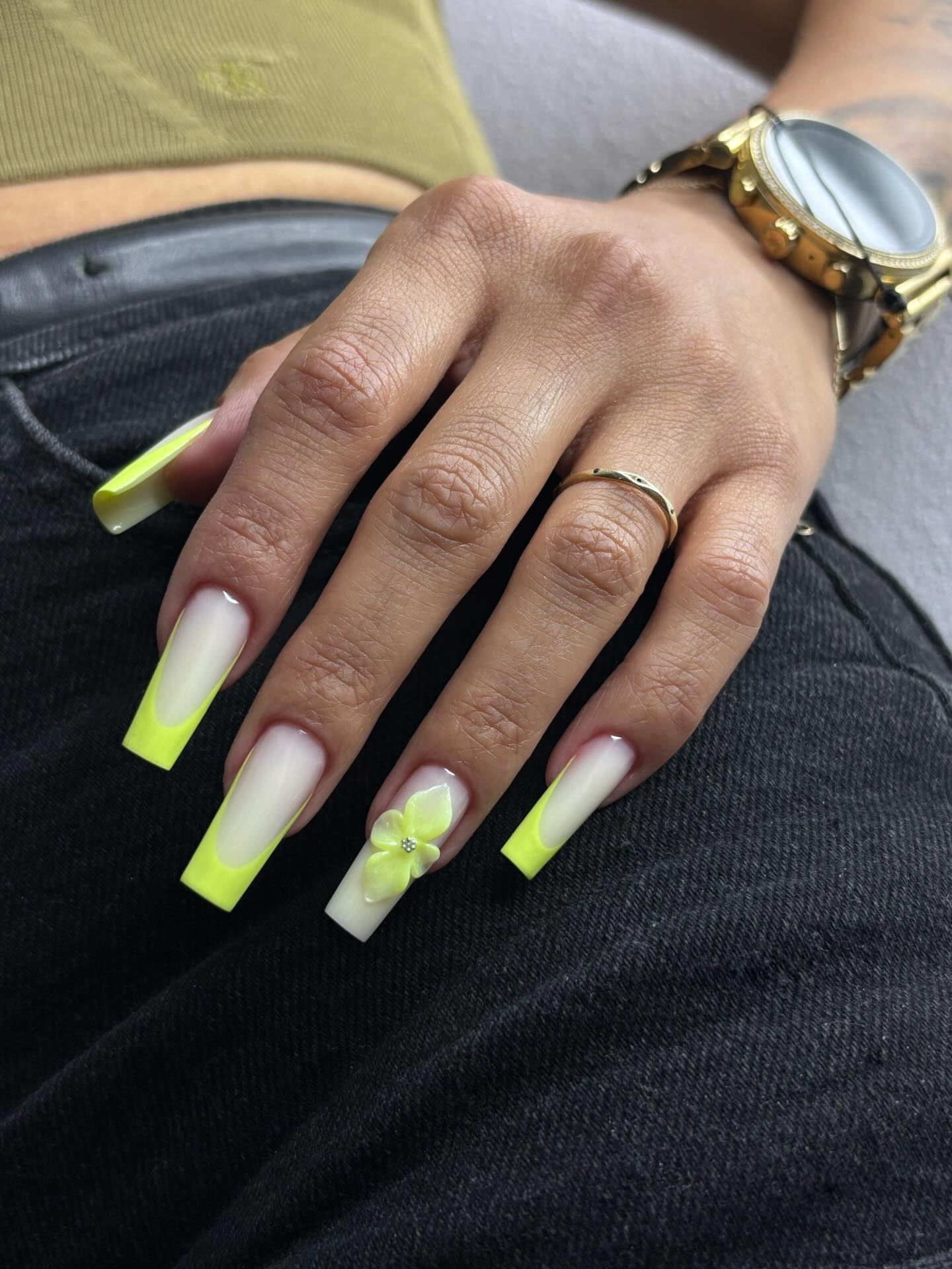 Neon Yellow French Tip Coffin Nails With 3D Flower