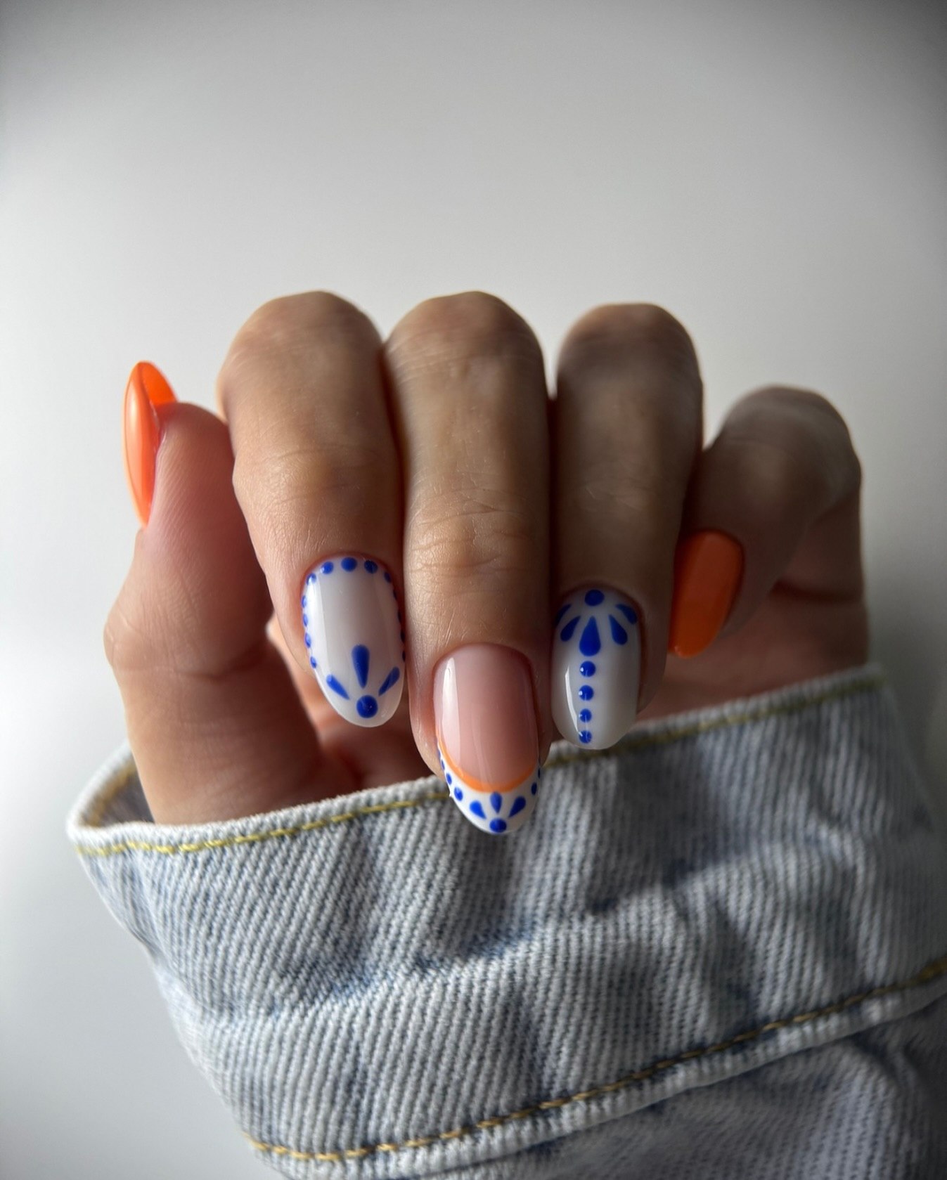 Orange French Tip With Blue Folk Art Accents