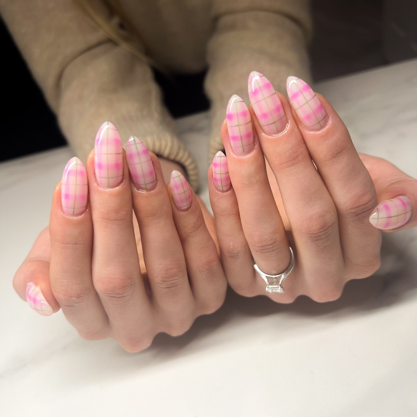 Pastel Pink Plaid Almond Nails