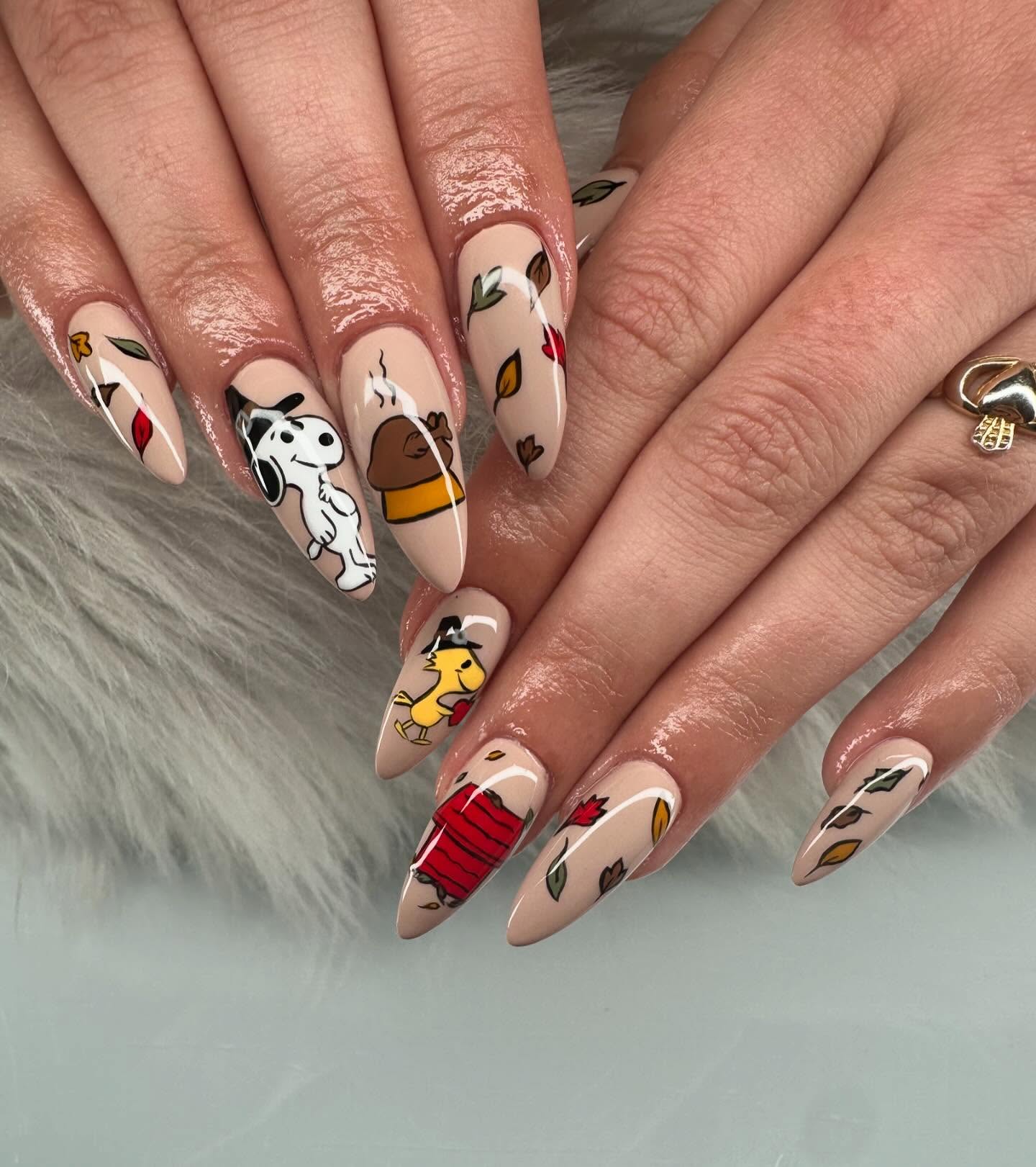Peanuts Thanksgiving Character Almond Nails