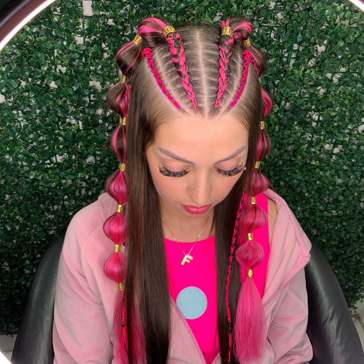 Pink Bubble Braids With Gold Accents
