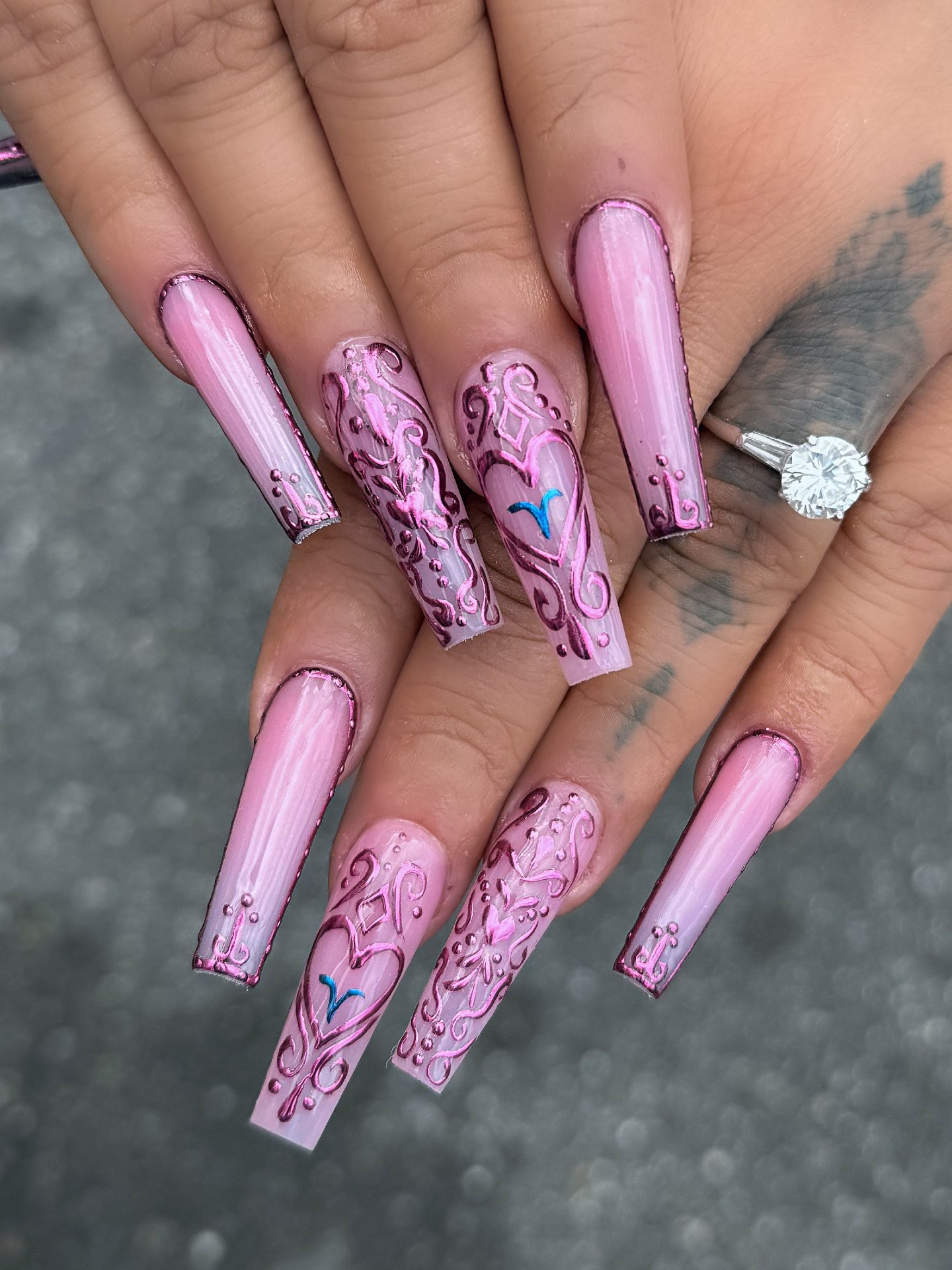 Pink Chrome Filigree Long Coffin Nails