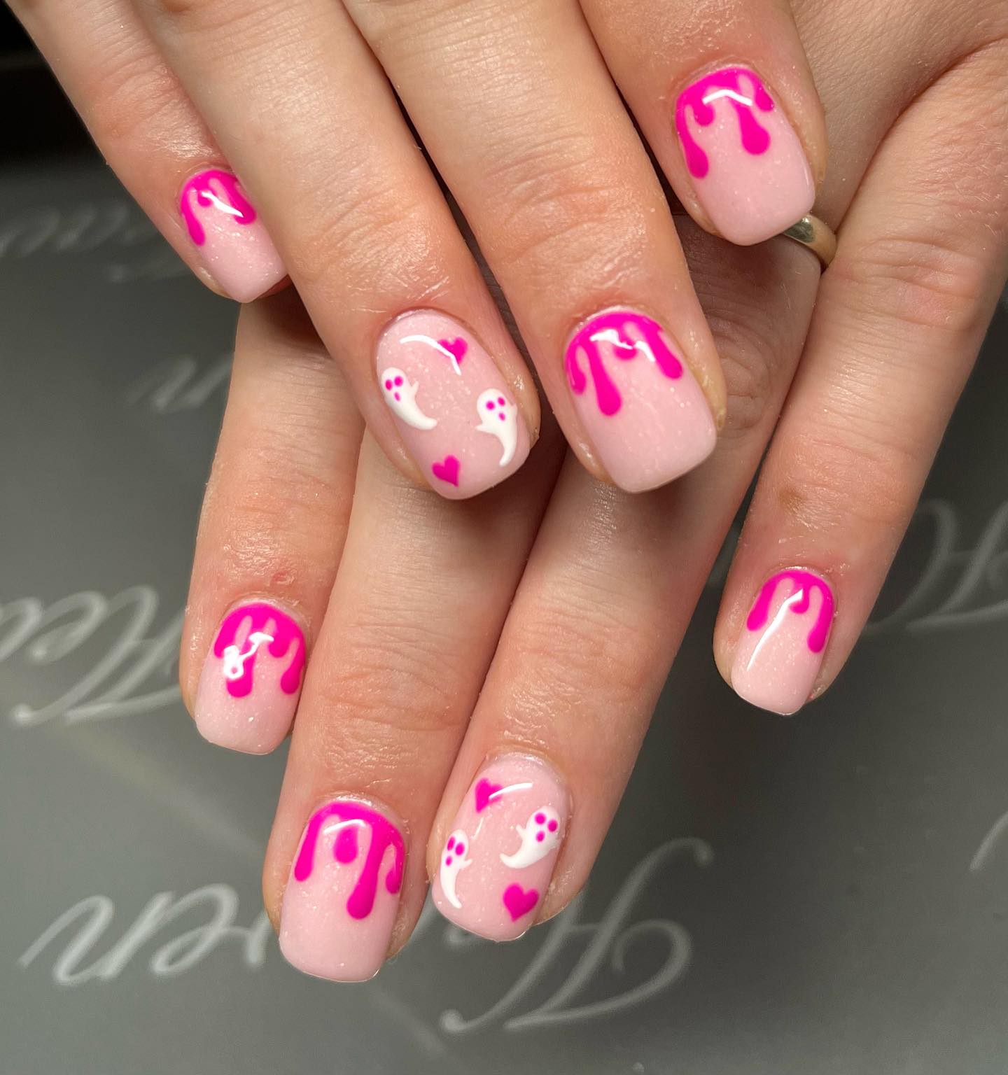 Pink Ghost Drip French Halloween Nails