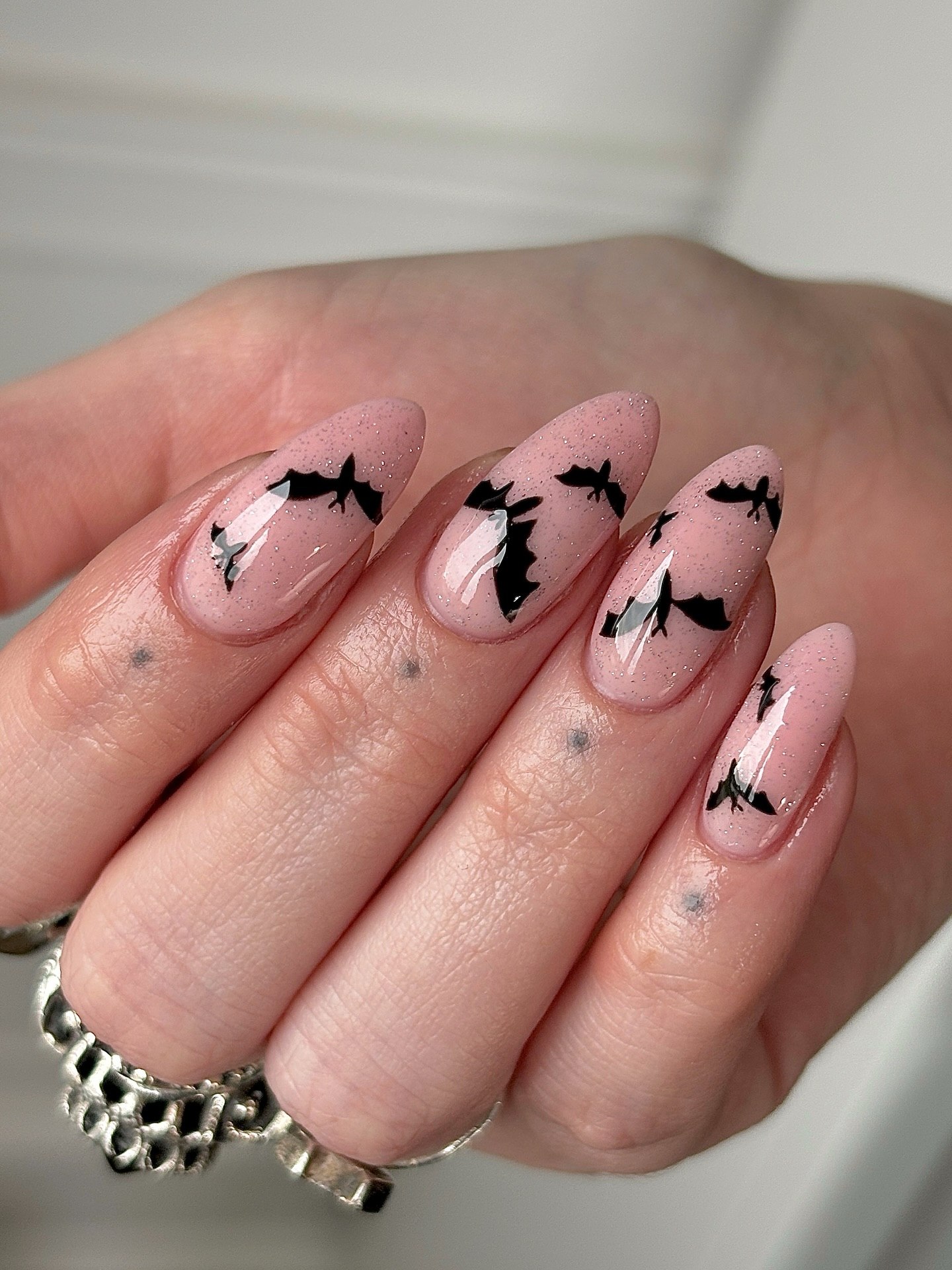 Pink Glitter Bat Halloween Almond Nails