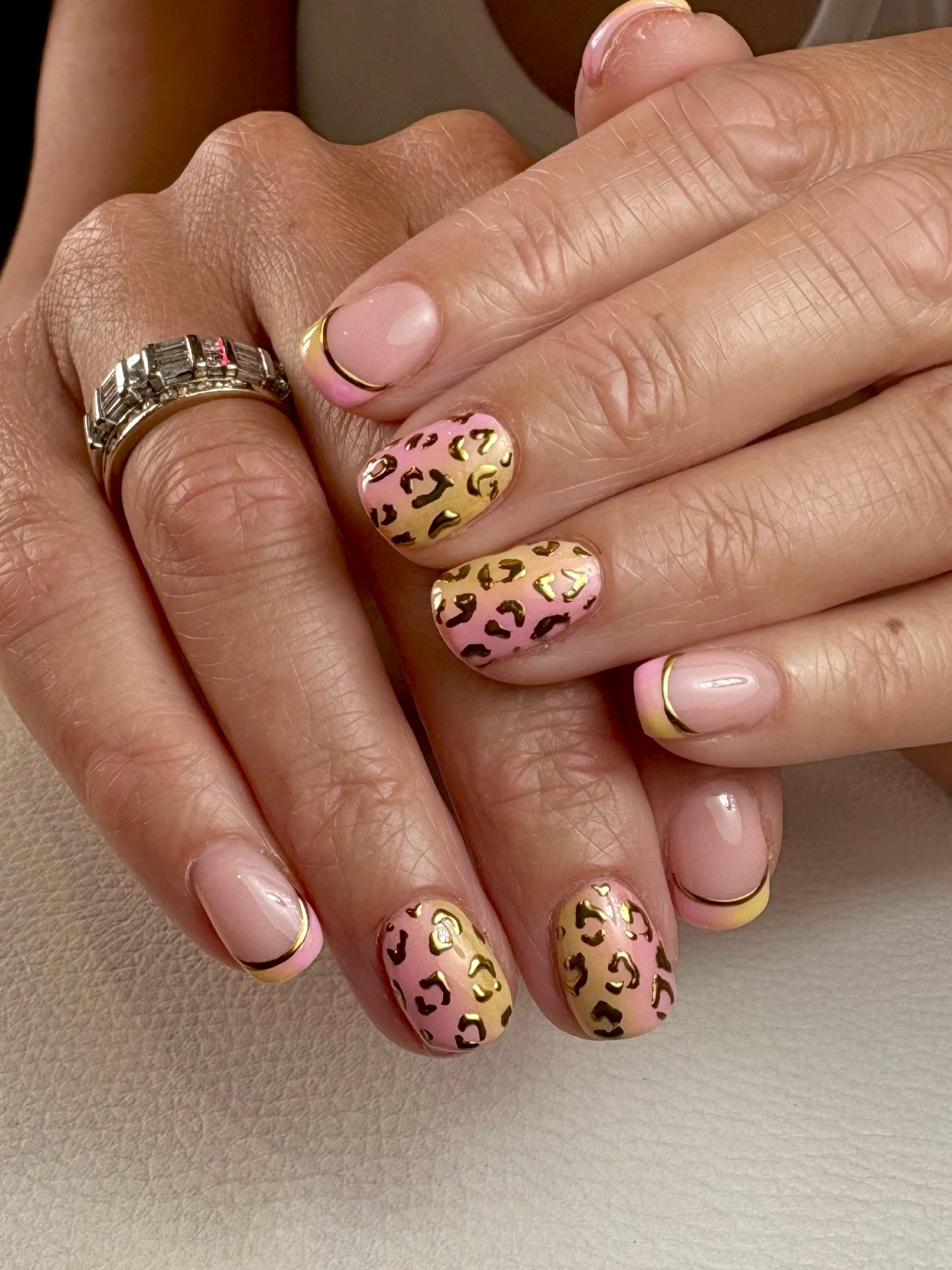 Pink & Gold Leopard French Mix Nails