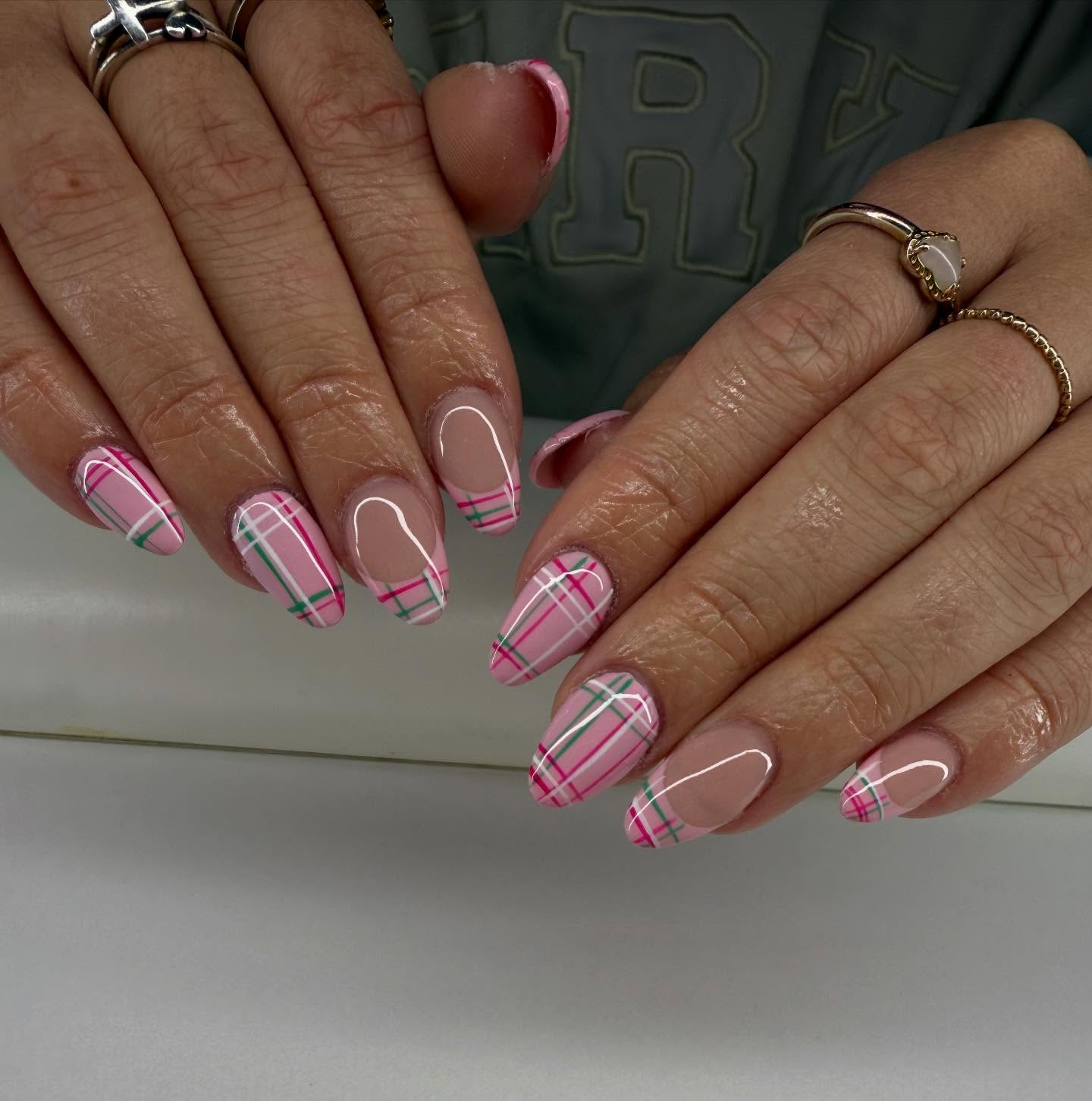 Pink Green Plaid French Tip Almond Nails
