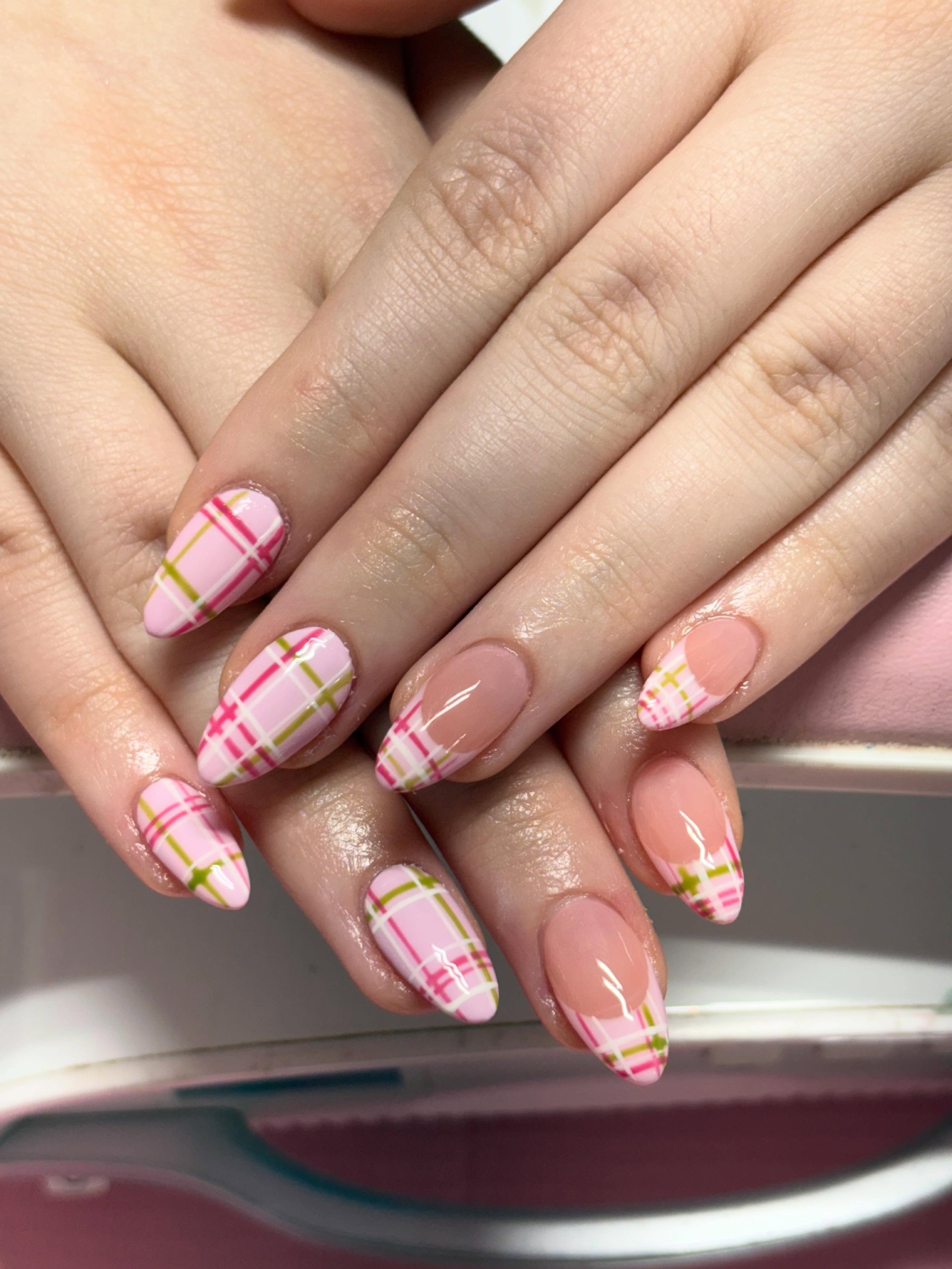 Pink Plaid Almond French Tip Nails