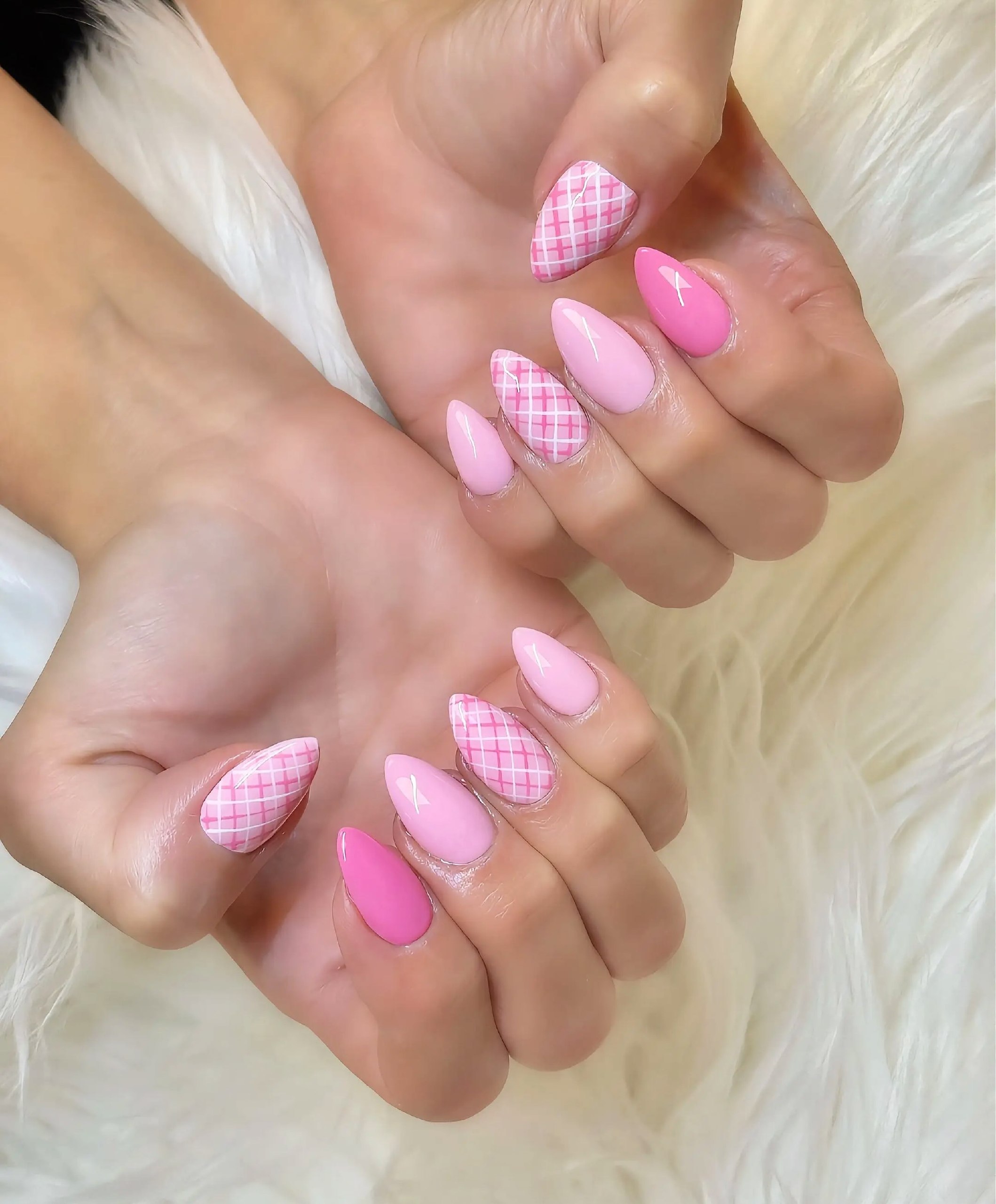 Pink Plaid Almond Nails With Solid Pink Accents