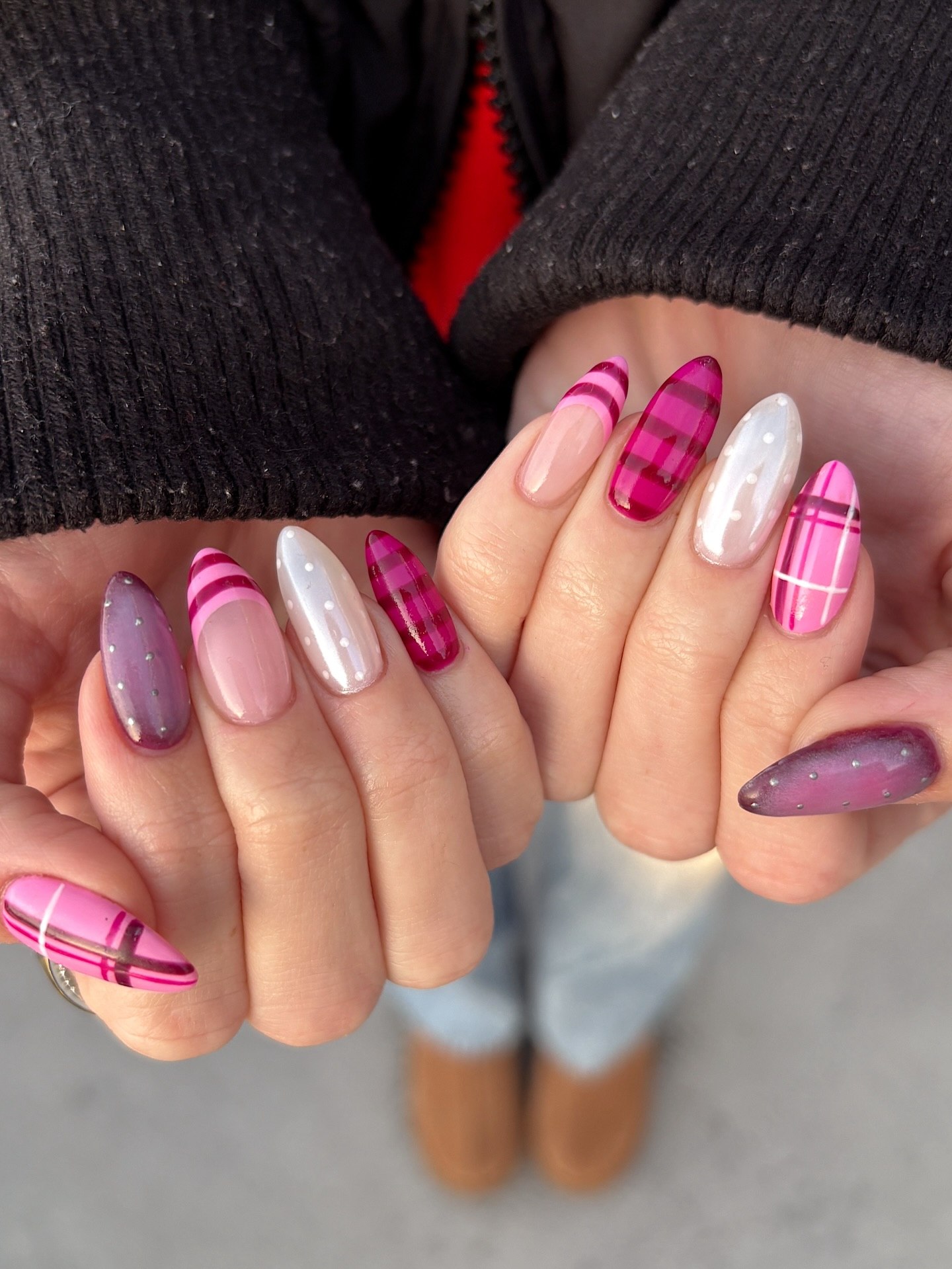 Pink Plaid French Tip Almond Nails
