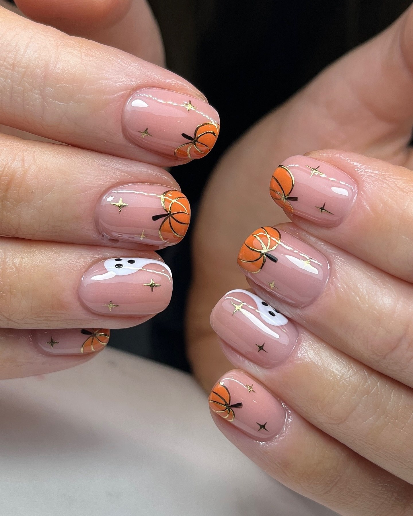 Pink Pumpkin Ghost Halloween French Tips