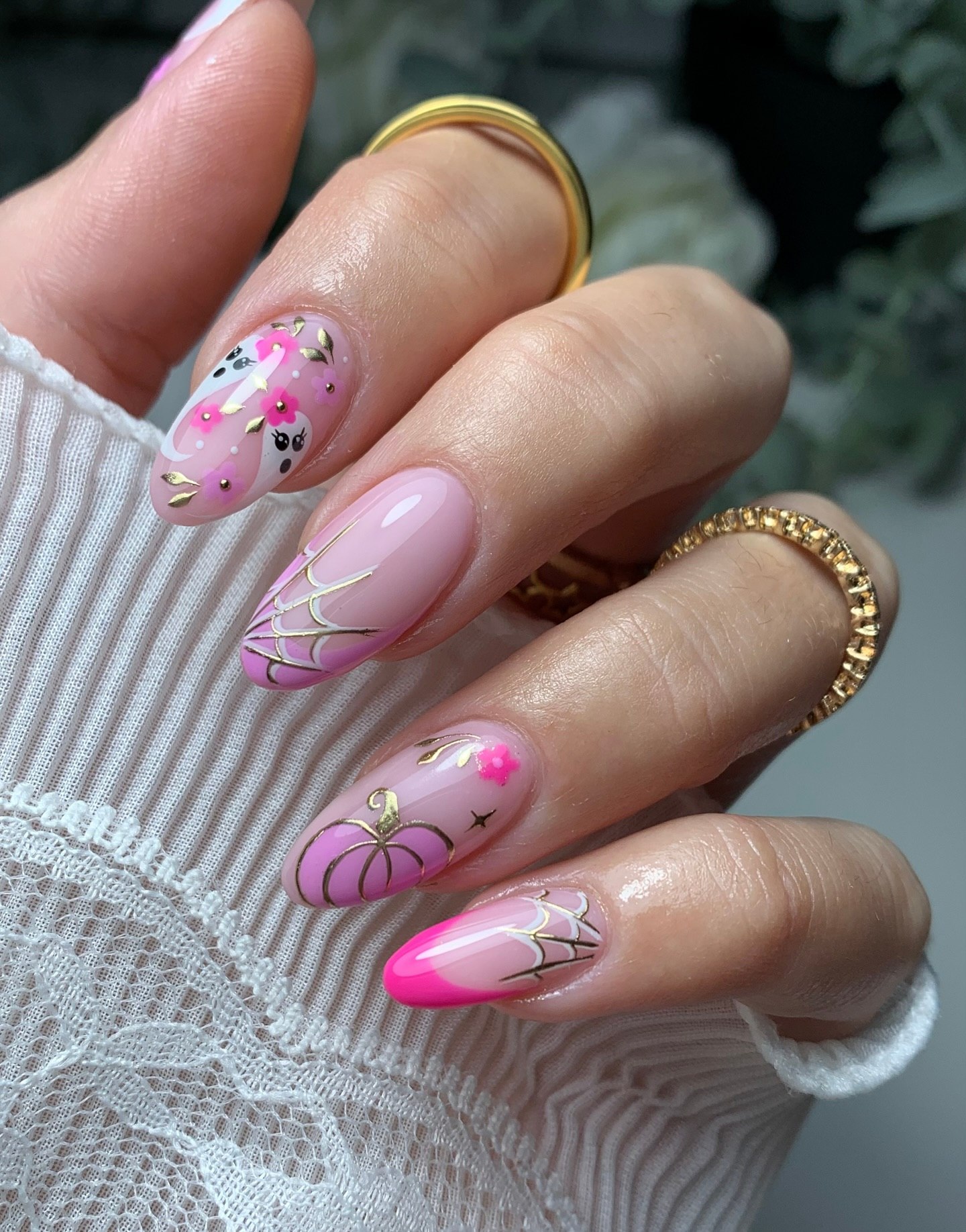 Pink Pumpkin Spiderweb French Tip Nails
