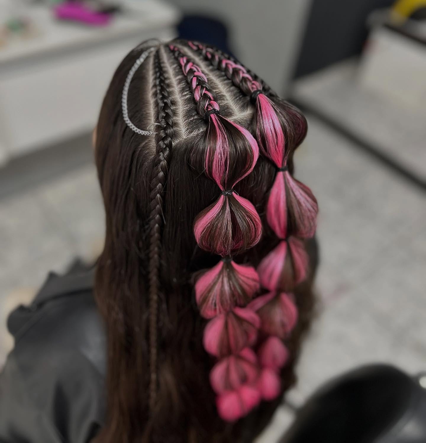 Pink Streaked Bubble Braids With Classic Cornrows