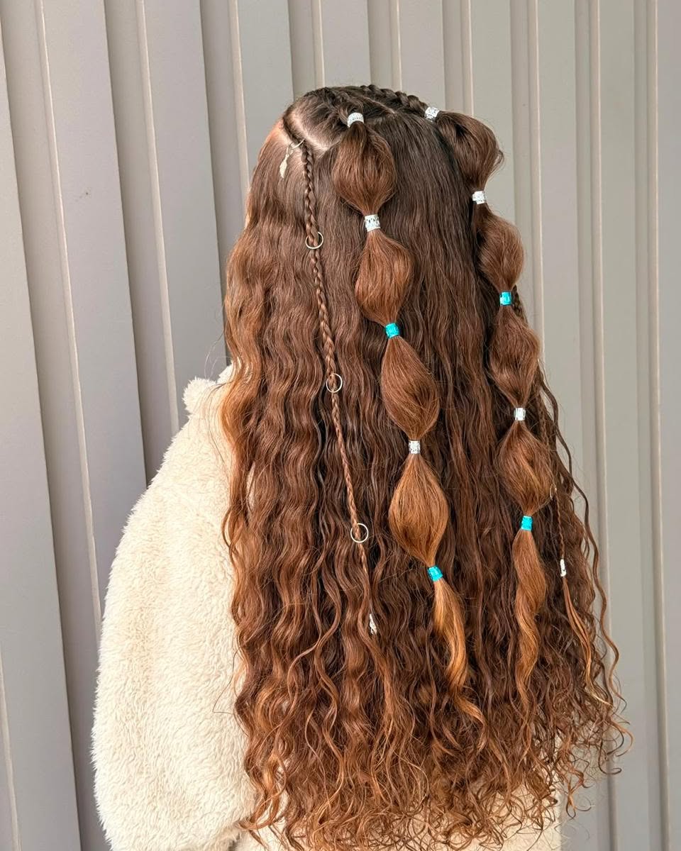 Playful Bubble Braids With Curls and Accessories