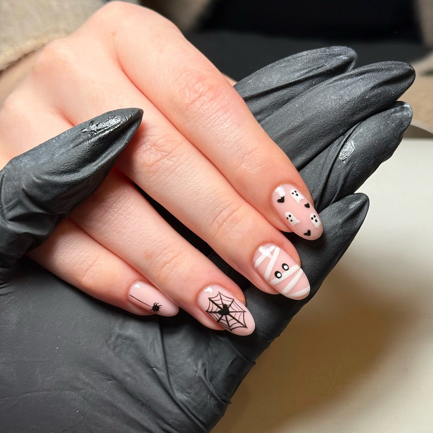 Playful Pink Halloween Mummy Spiderweb Nails