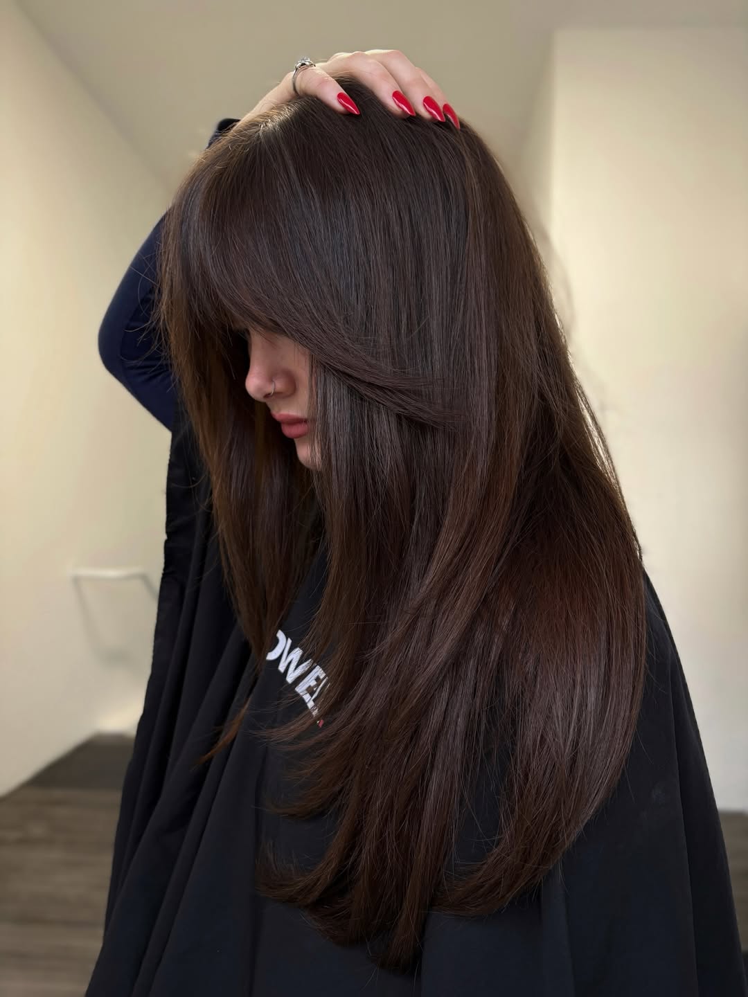Polished Brunette Long Layers With Curtain Bangs