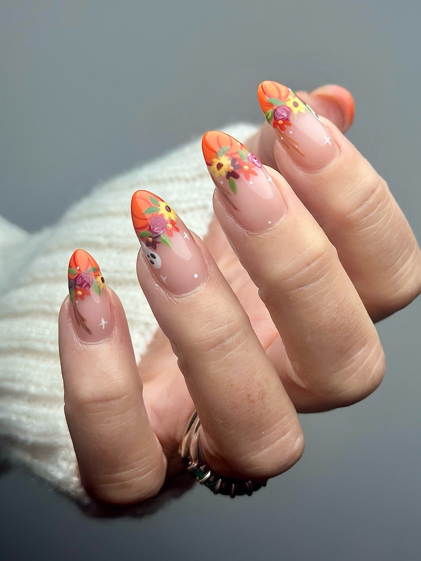 Pumpkin Patch Floral French Tips with Ghost Accent