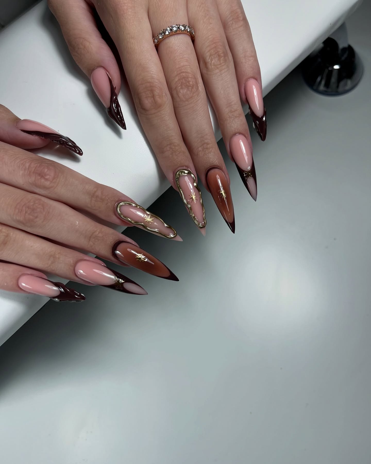 Rich Chocolate Swirl Stiletto French Tips