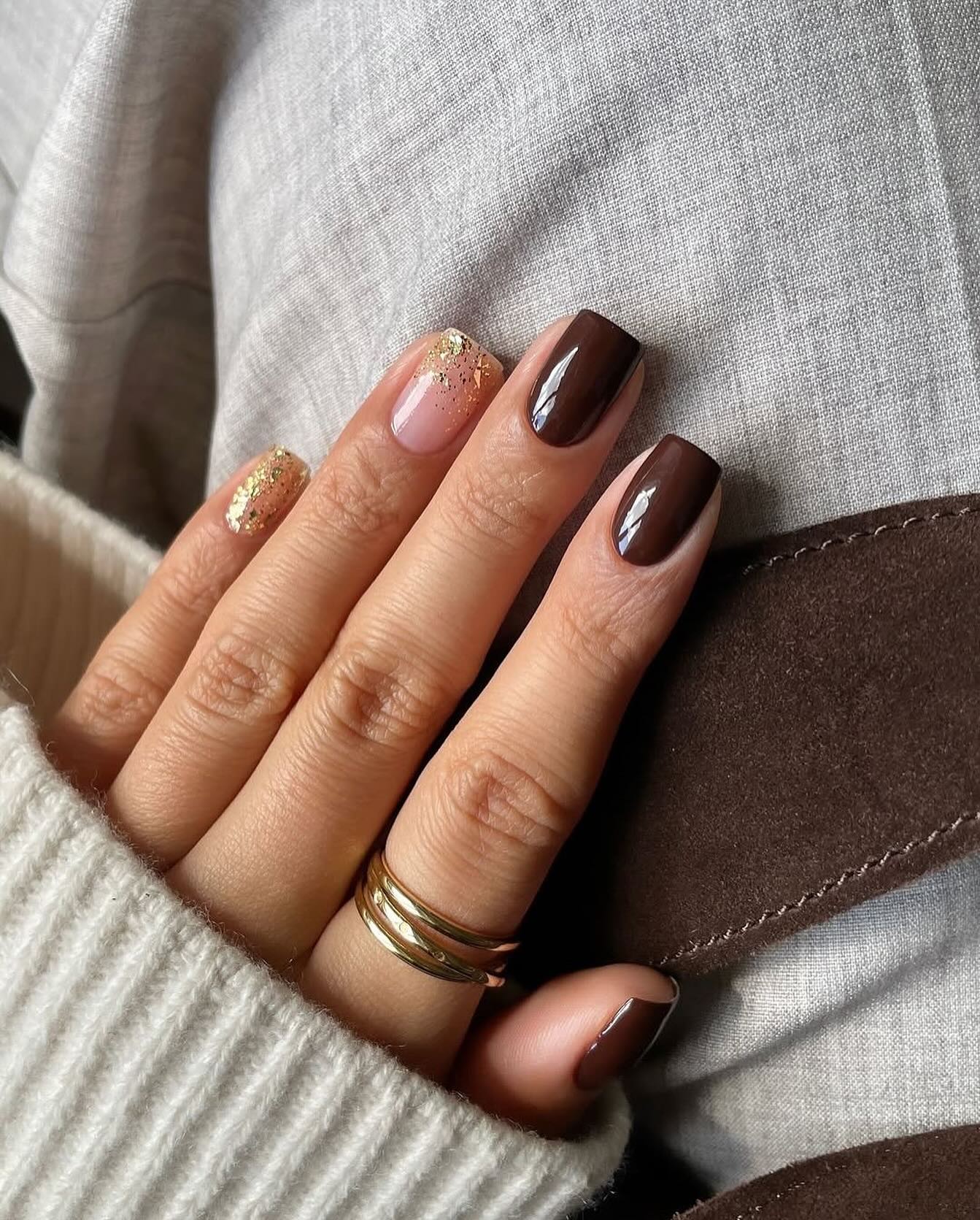 Rich Espresso Brown Nails with Gold Flakes
