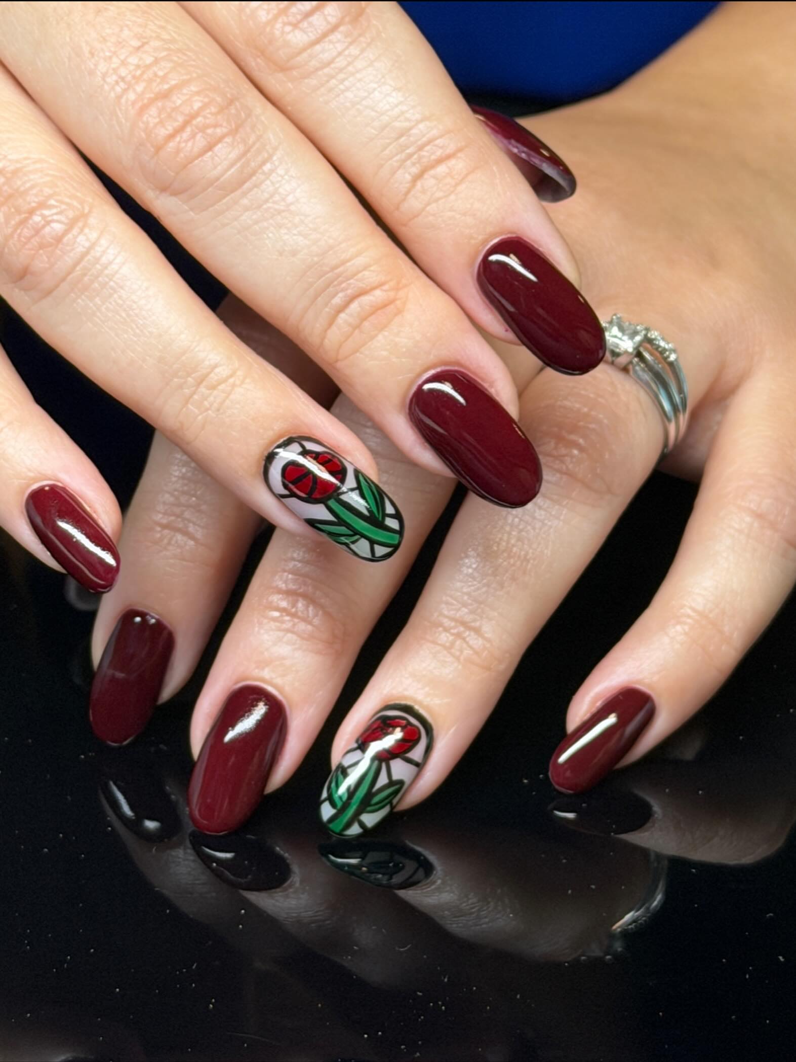 Rich Wine Red Oval Nails with Floral Art