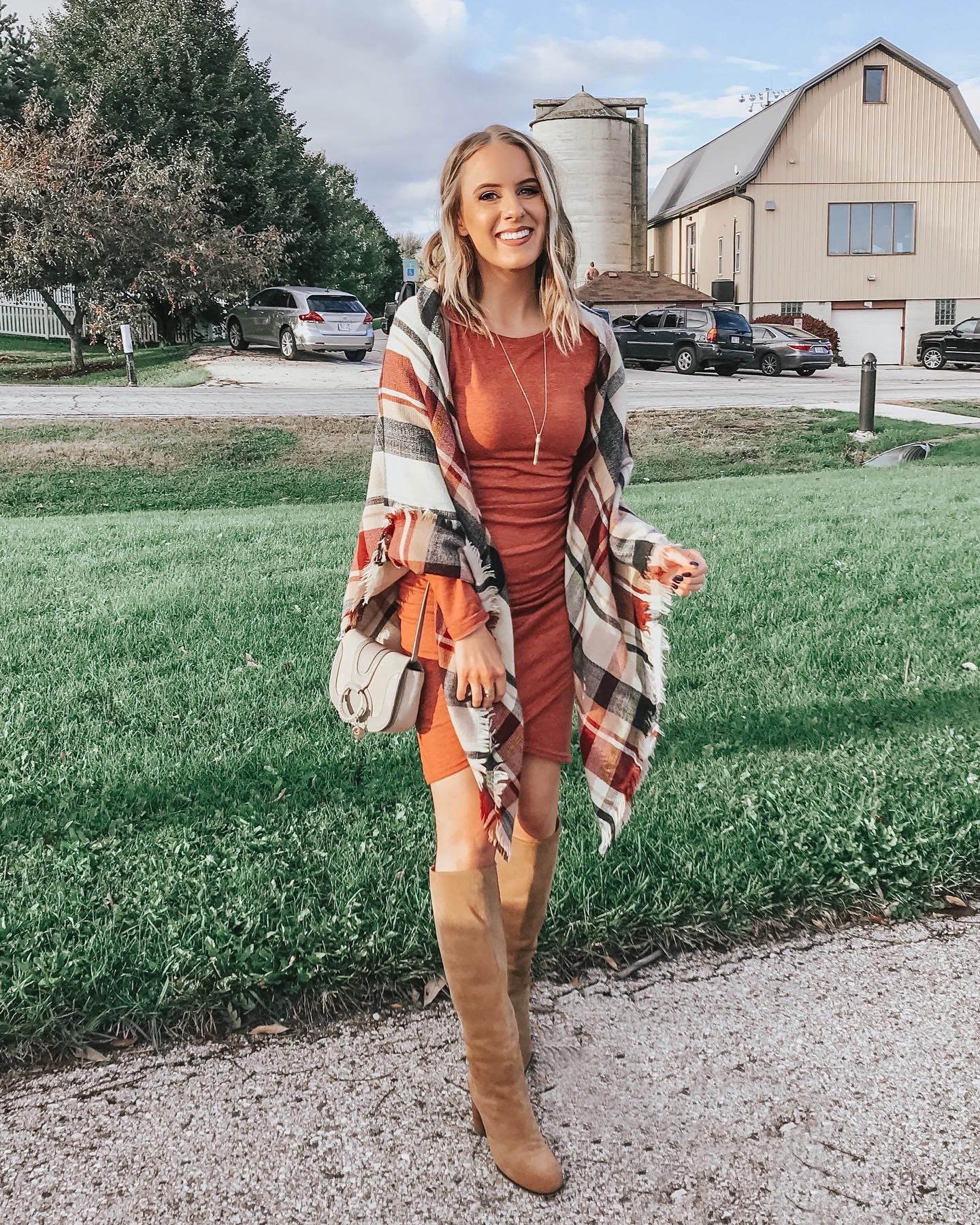 Rust Bodycon Dress With Plaid Scarf & Boots