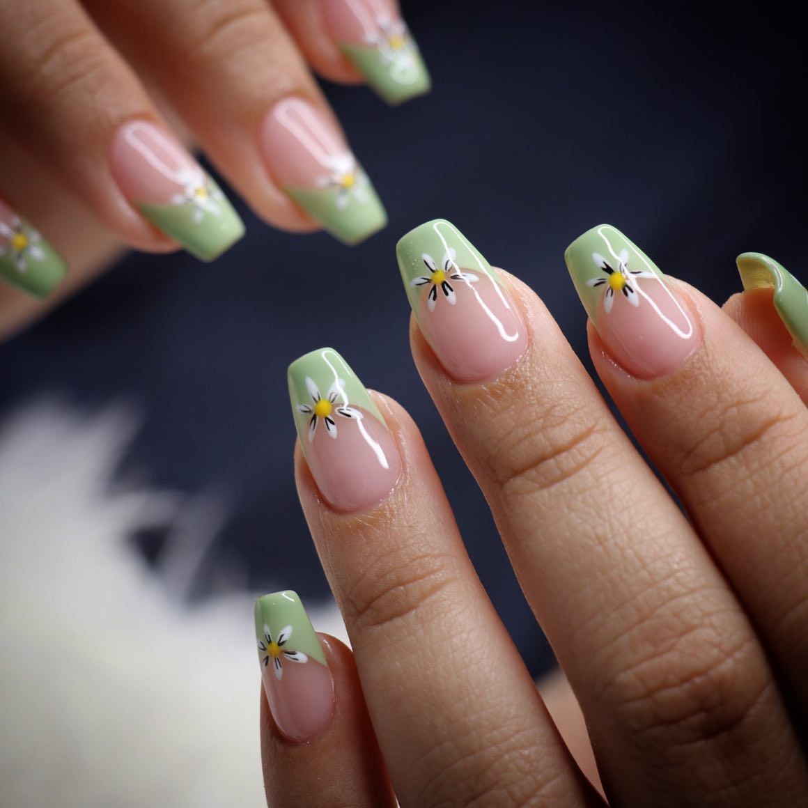 Sage Green Floral French Tip Coffin Nails