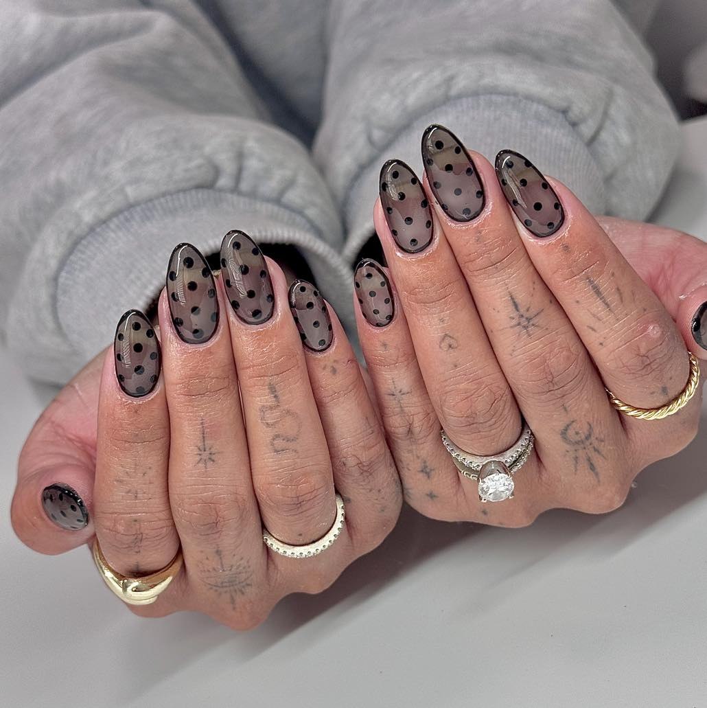 Sheer Black Polka Dot Almond Nails