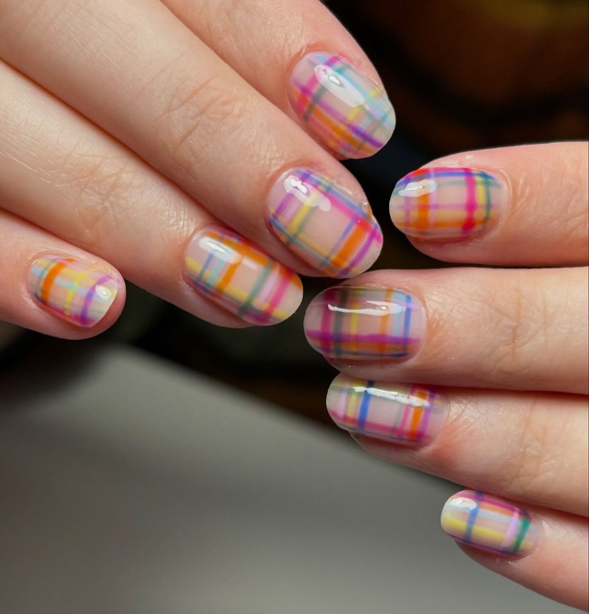 Sheer Multi-Color Plaid French Tip Nails