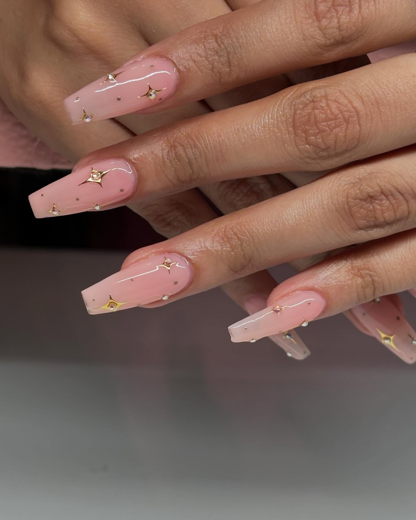 Sheer Pink Coffin Nails With Gold Star Accents