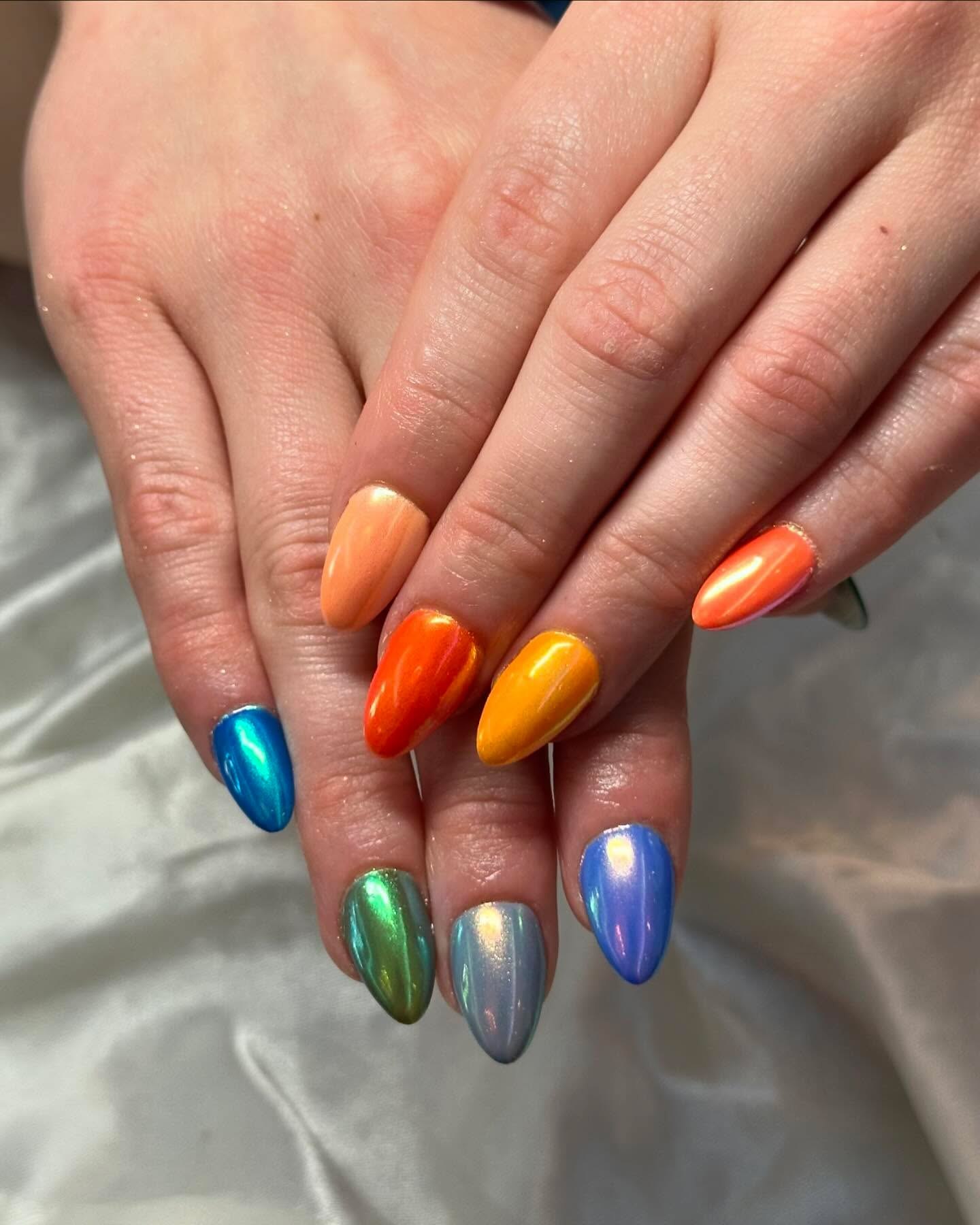 Shimmering Rainbow Chrome Almond Nails