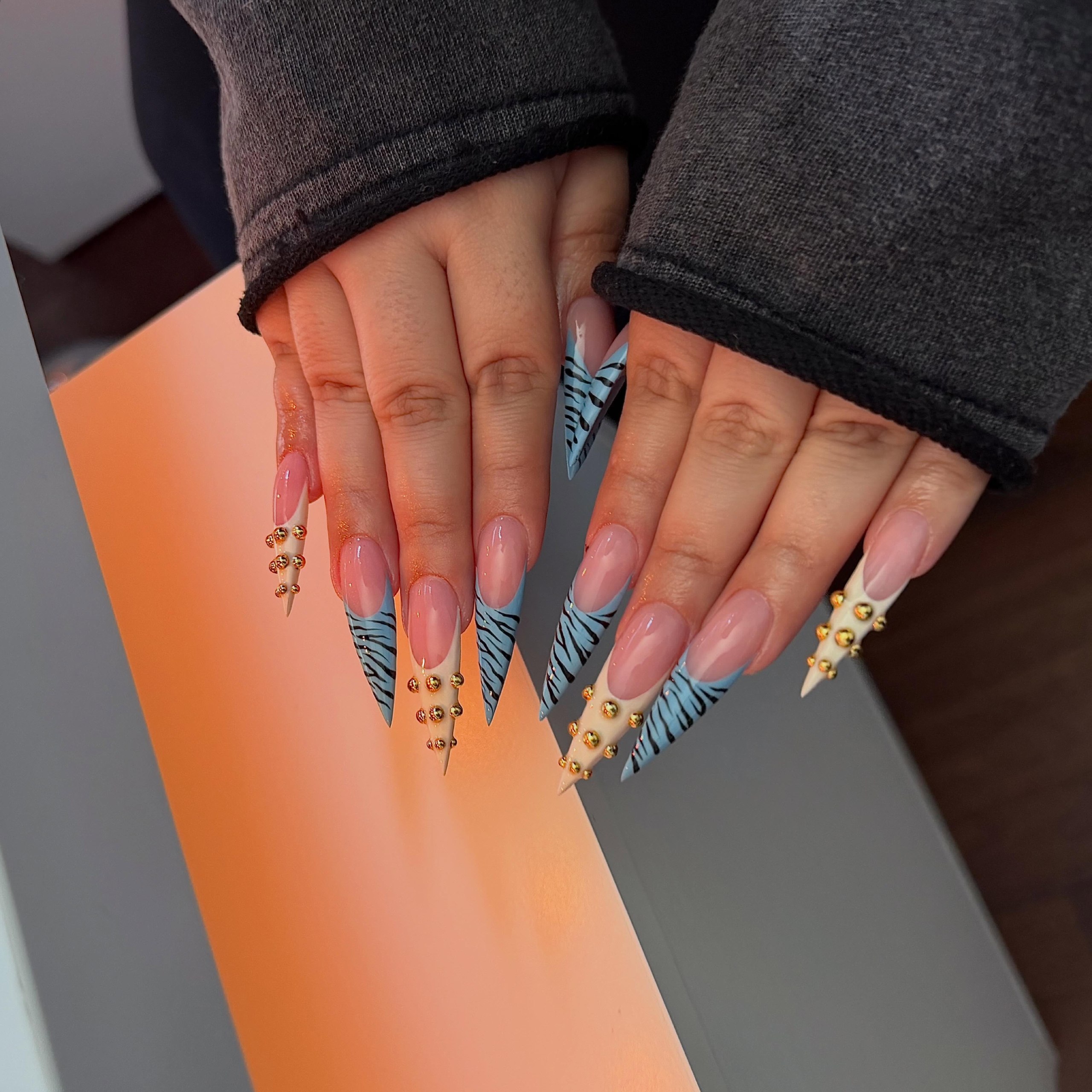 Sky Blue Tiger Stripe Stiletto French Tips