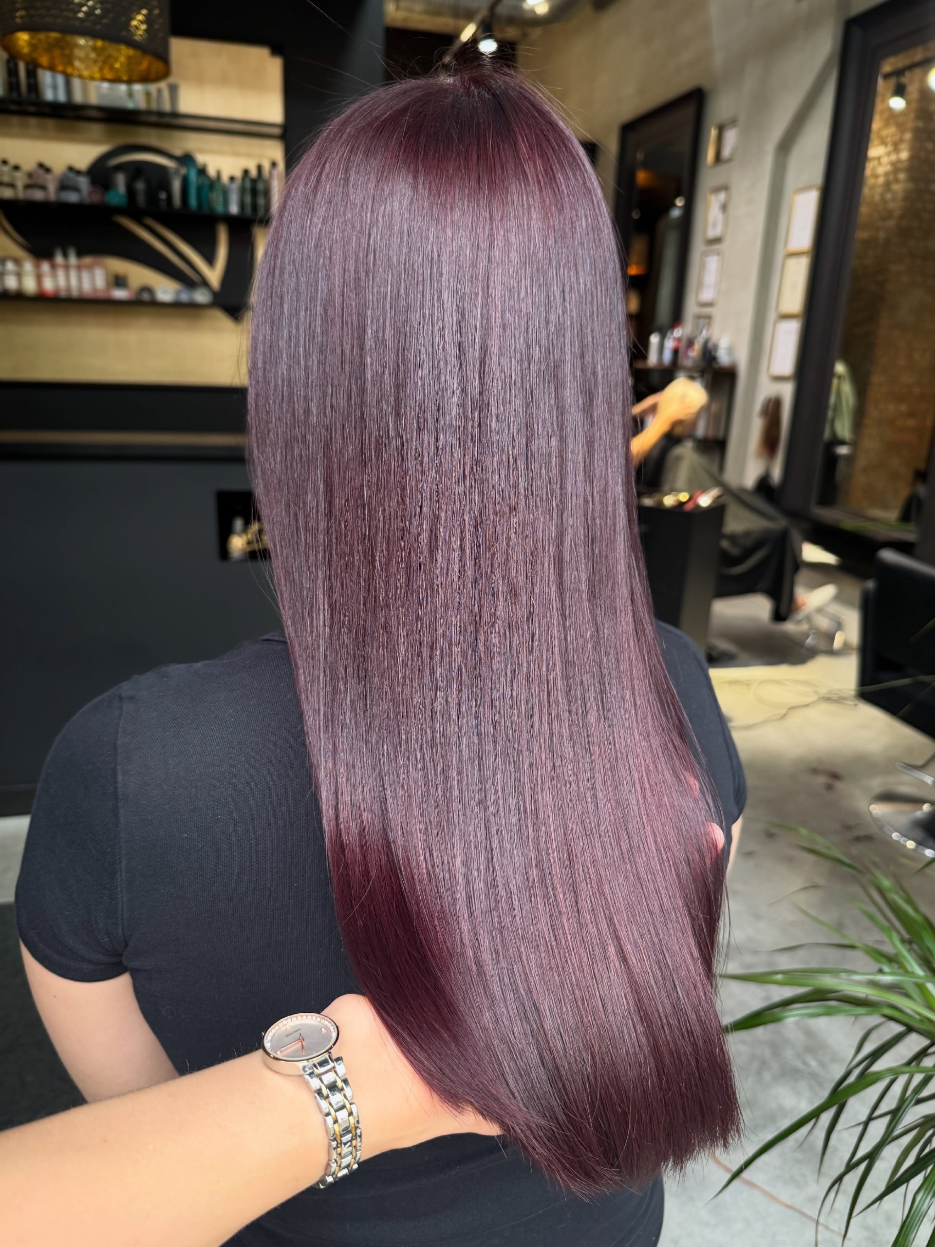 Sleek Deep Burgundy Long Straight Hair