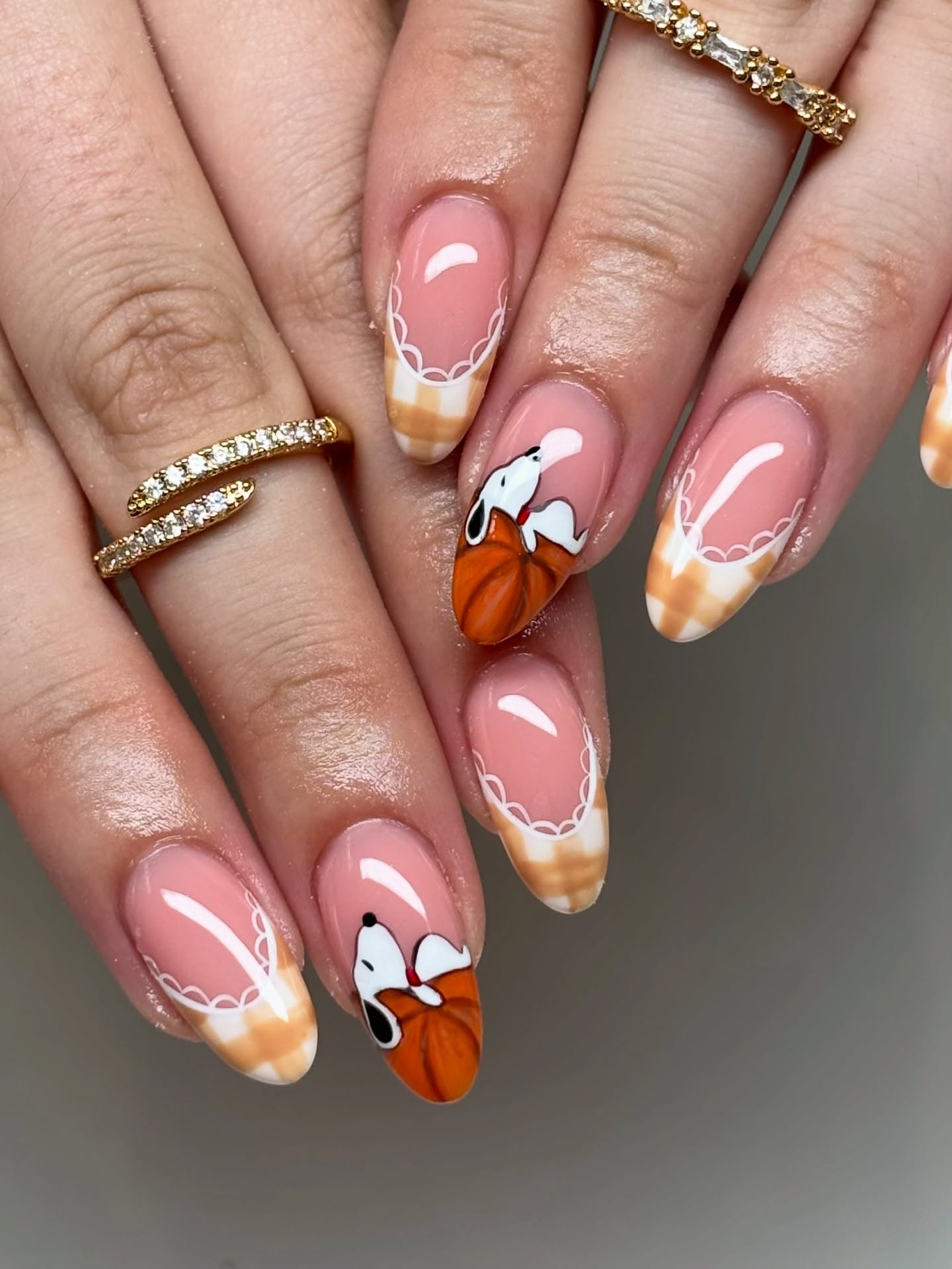 Snoopy Pumpkin French Tip Almond Nails