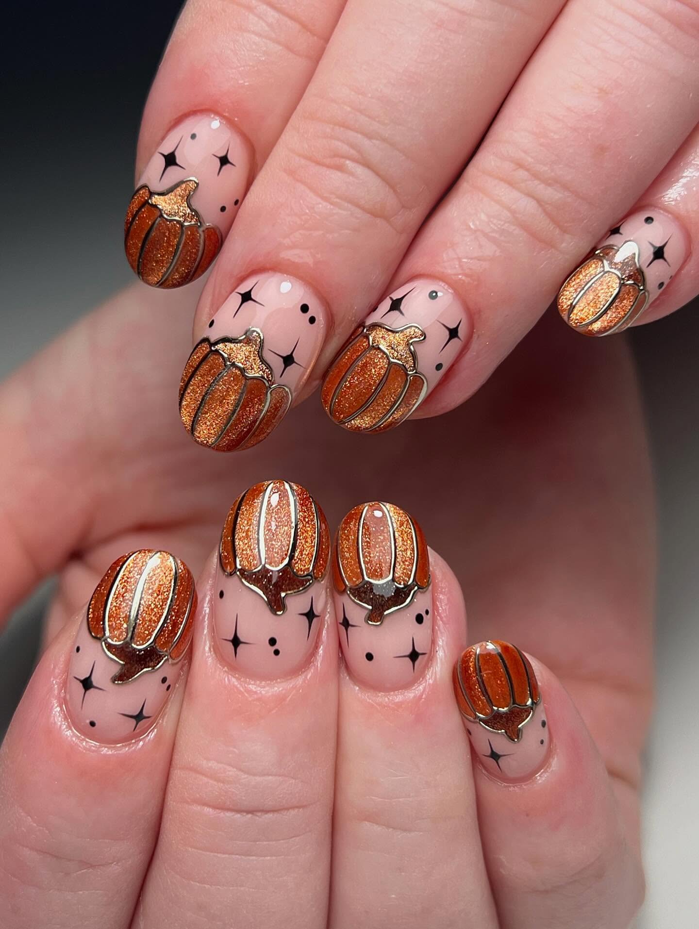 Sparkling Pumpkin Fall French Tip Nails