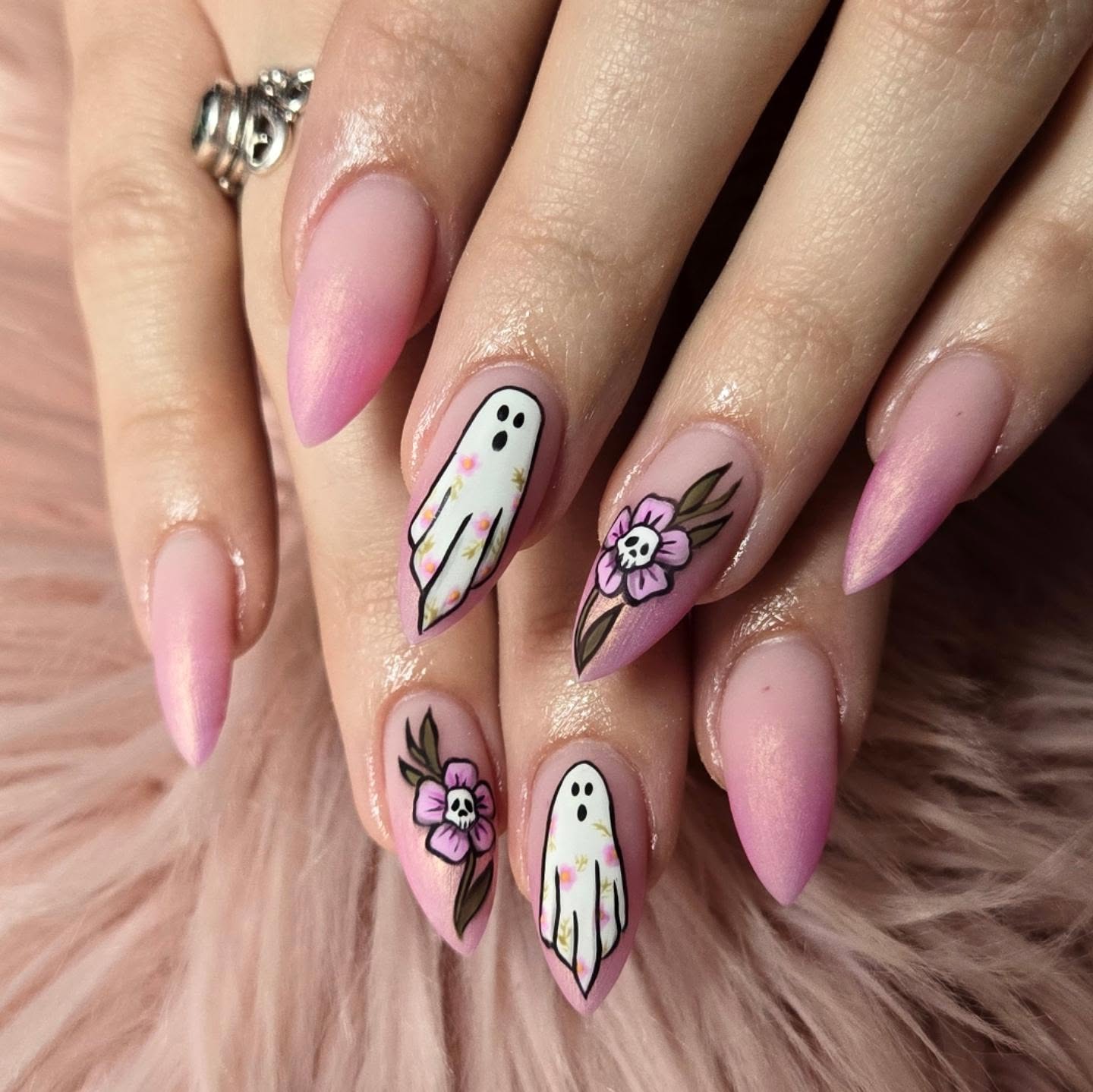 Spooky Floral Ghost Halloween Almond Nails