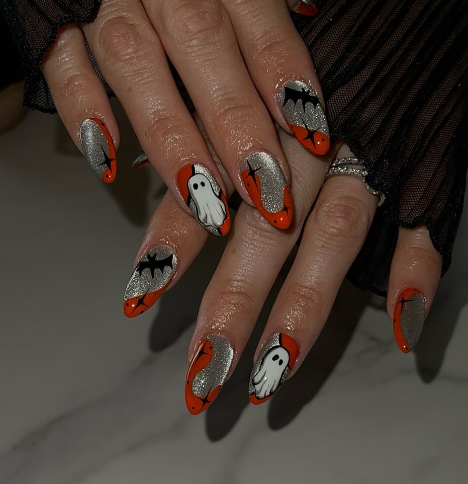 Spooky Ghost and Bat Halloween Almond Nails