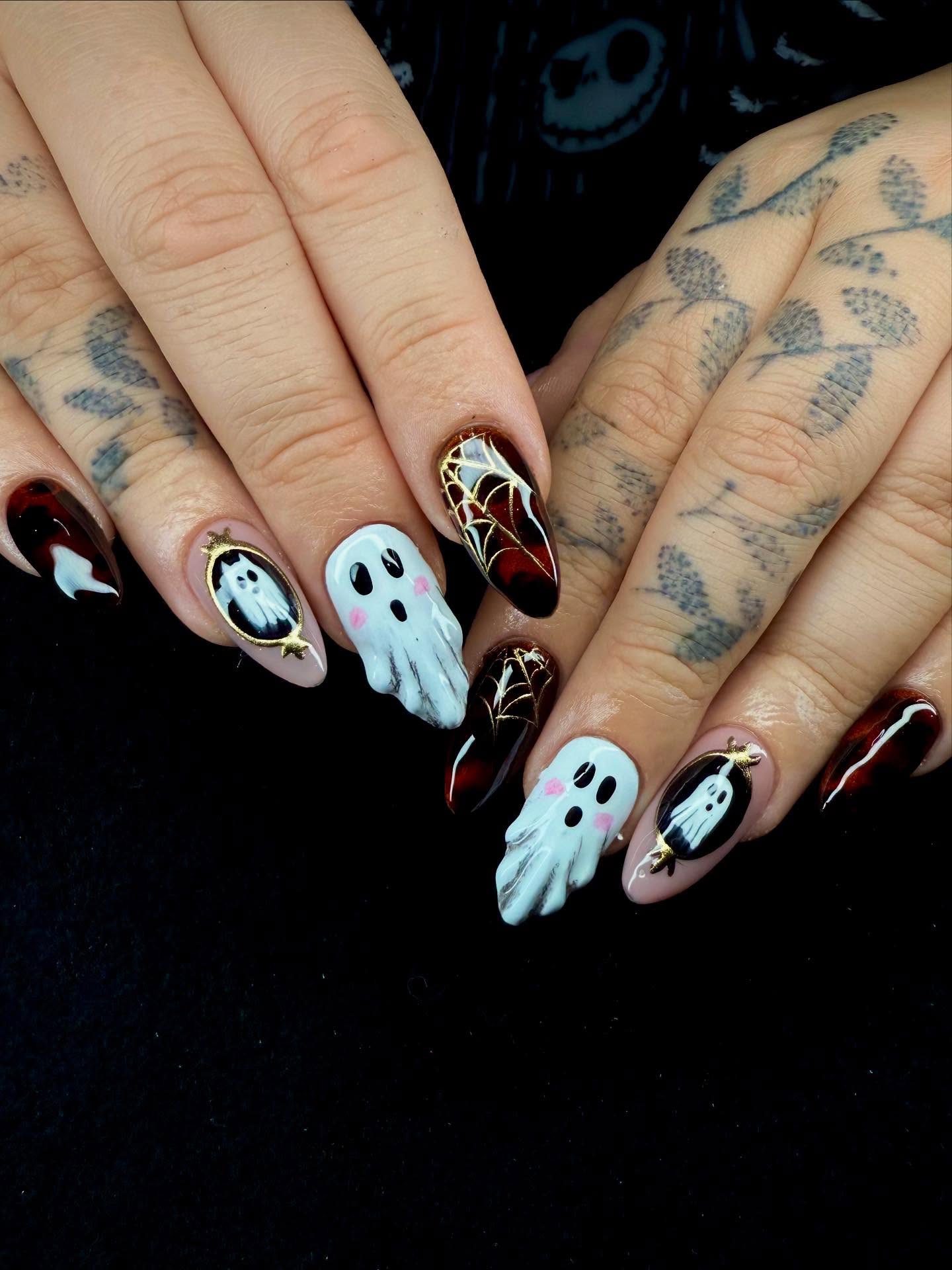 Spooky Ghost and Spiderweb Halloween Almond Nails