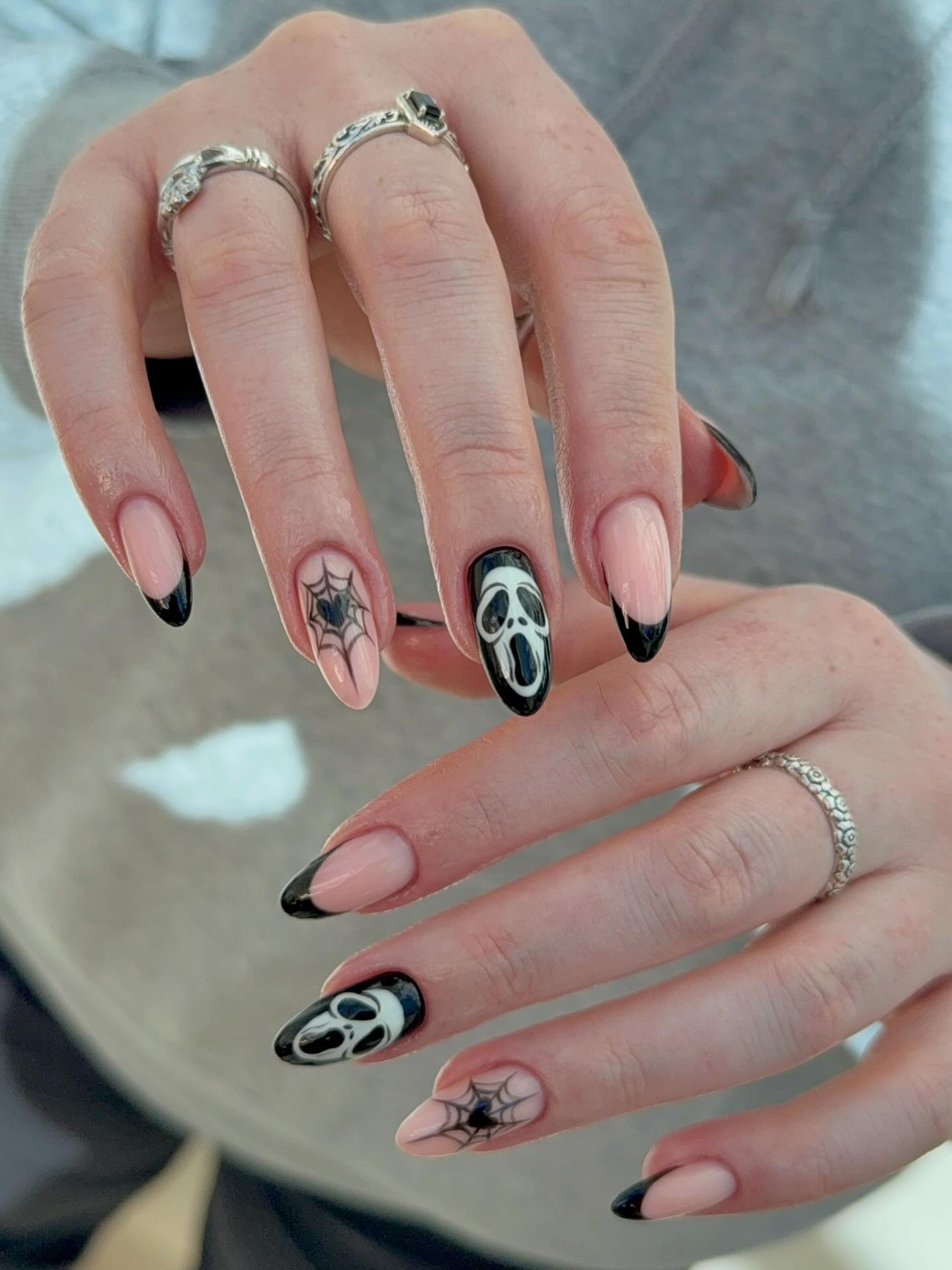 Spooky Ghost Face French Halloween Almond Nails